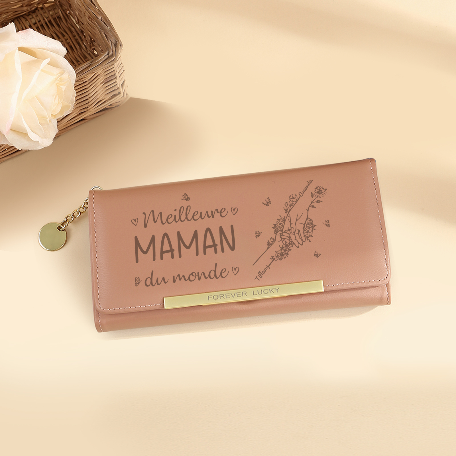 À Maman -Portefeuille Personnalisé long en cuir PU avec 2 Prénoms La Main Dans La Main Porte-monnaie pour Maman | Jessemade
