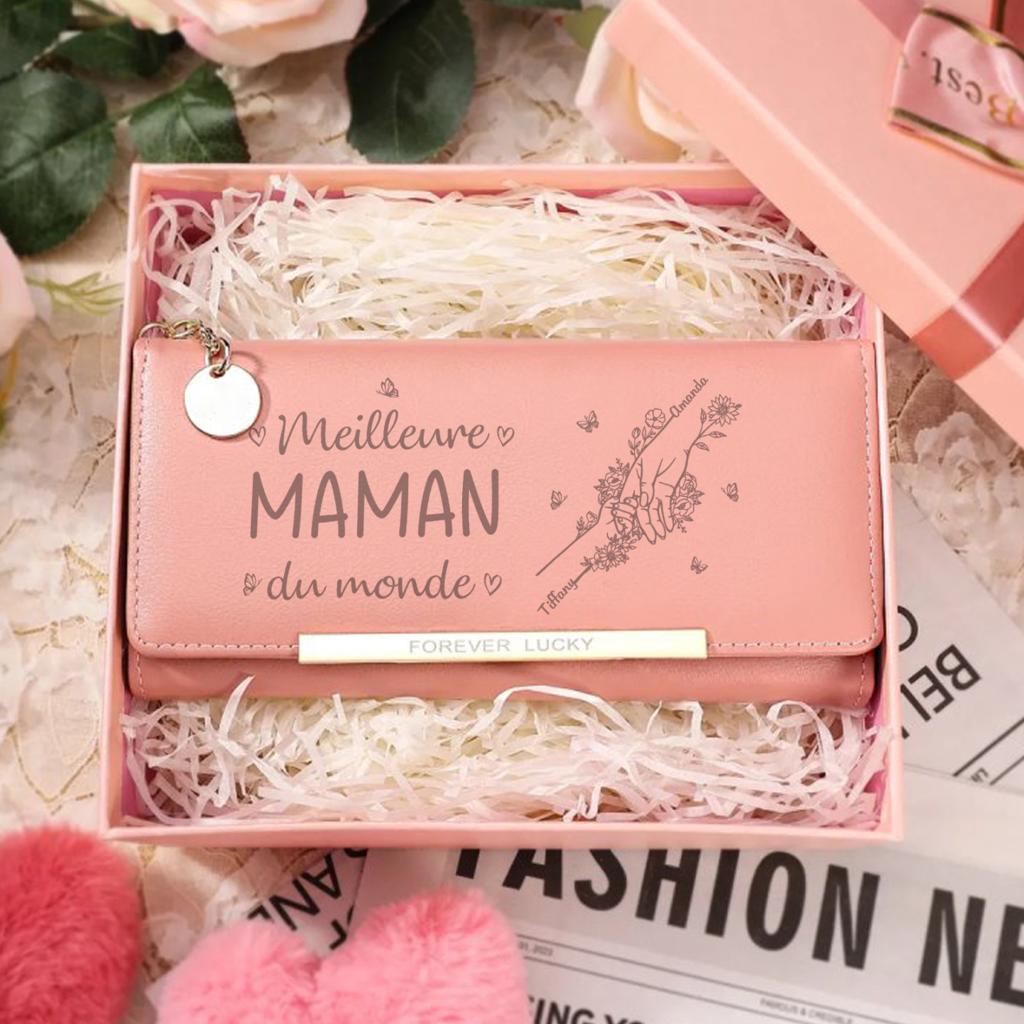 À Maman -Portefeuille Personnalisé long en cuir PU avec 2 Prénoms La Main Dans La Main Porte-monnaie pour Maman | Jessemade