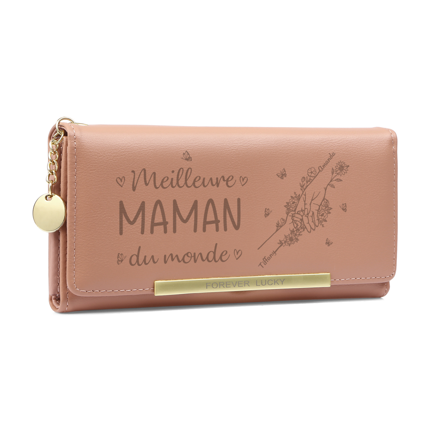 À Maman -Portefeuille Personnalisé long en cuir PU avec 2 Prénoms La Main Dans La Main Porte-monnaie pour Maman | Jessemade
