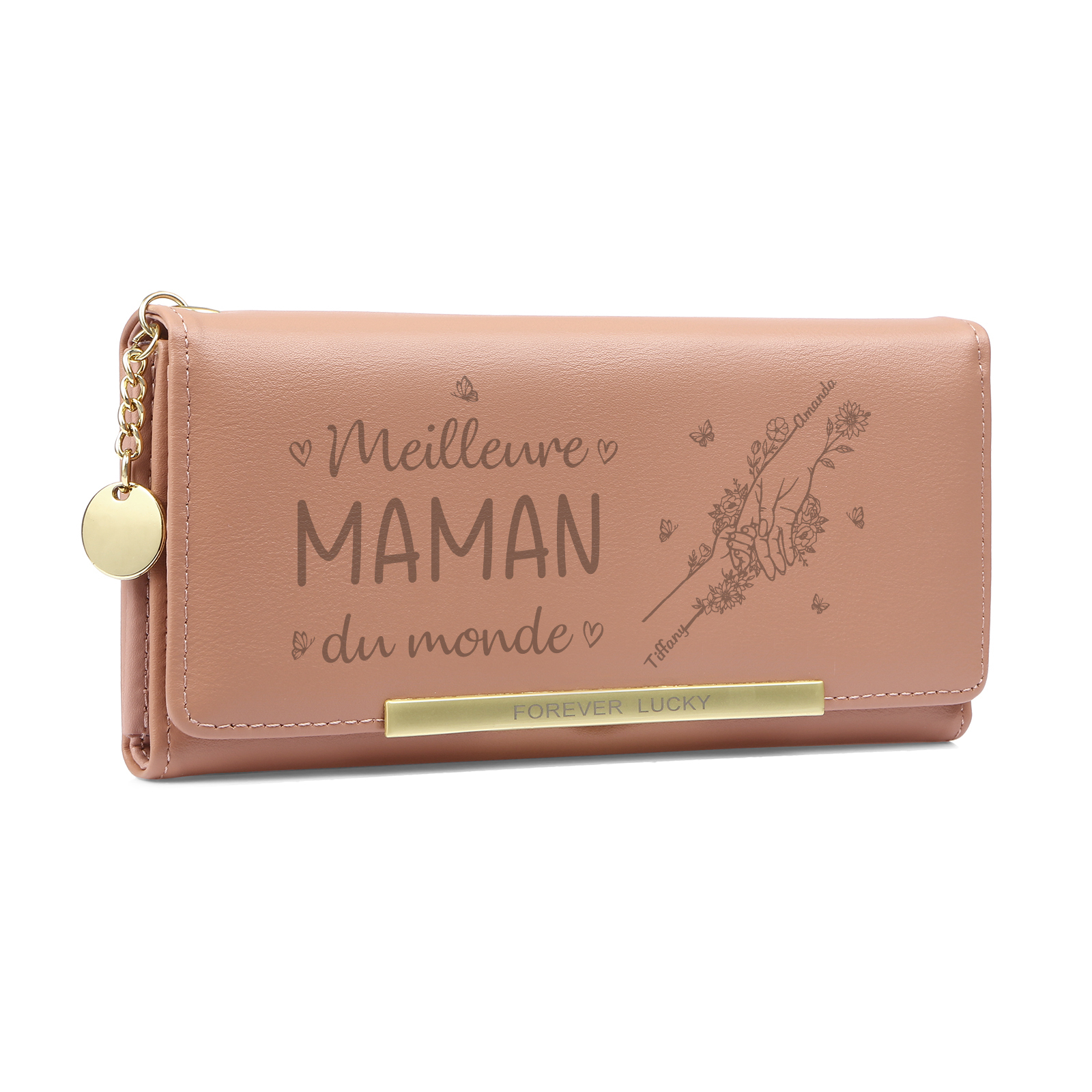 À Maman -Portefeuille Personnalisé long en cuir PU avec 2 Prénoms La Main Dans La Main Porte-monnaie pour Maman | Jessemade