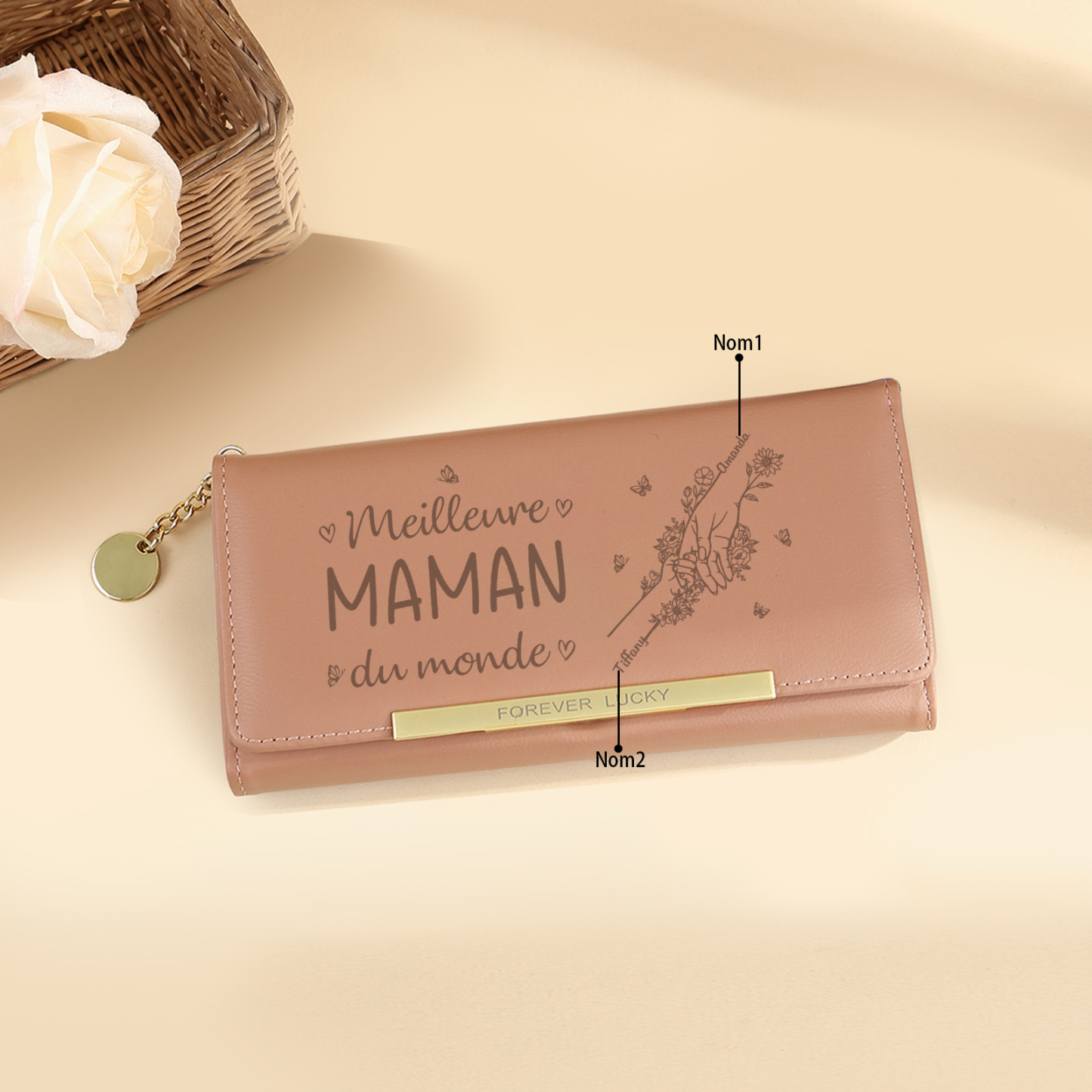À Maman -Portefeuille Personnalisé long en cuir PU avec 2 Prénoms La Main Dans La Main Porte-monnaie pour Maman | Jessemade