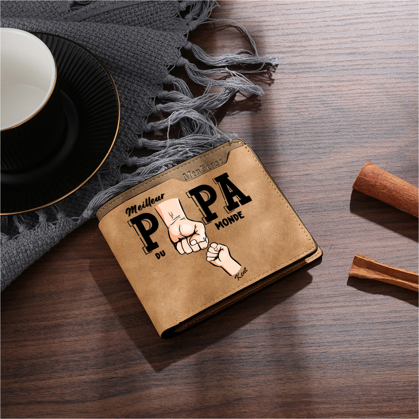 À Papa -Portefeuille Homme en cuir PU "Meilleur Papa du Monde" Personnalisé avec 1 Prénom Portefeuille Poing Cadeau Fête des Pères | Jessemade