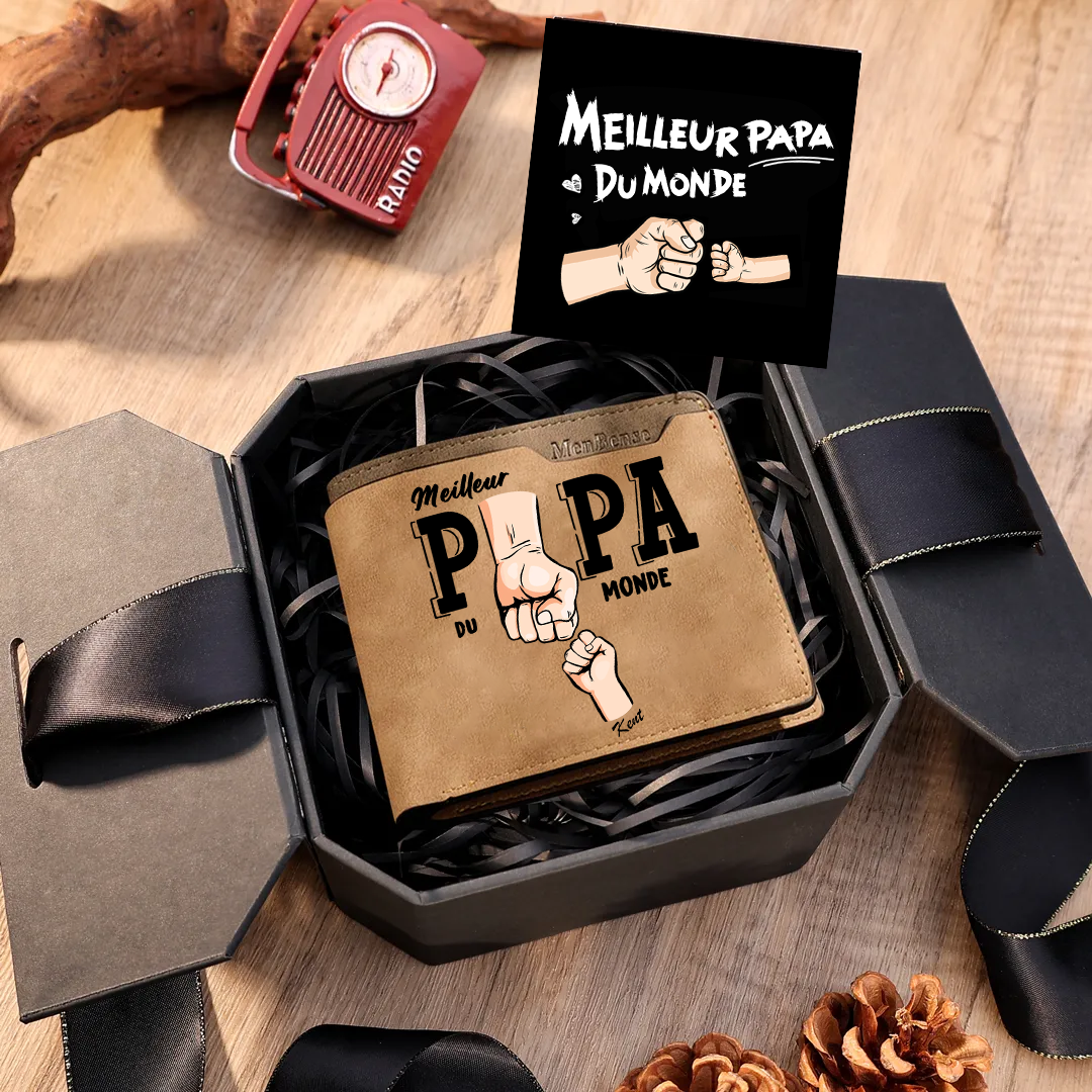 À Papa -Portefeuille Homme en cuir PU "Meilleur Papa du Monde" Personnalisé avec 1 Prénom Portefeuille Poing Cadeau Fête des Pères | Jessemade