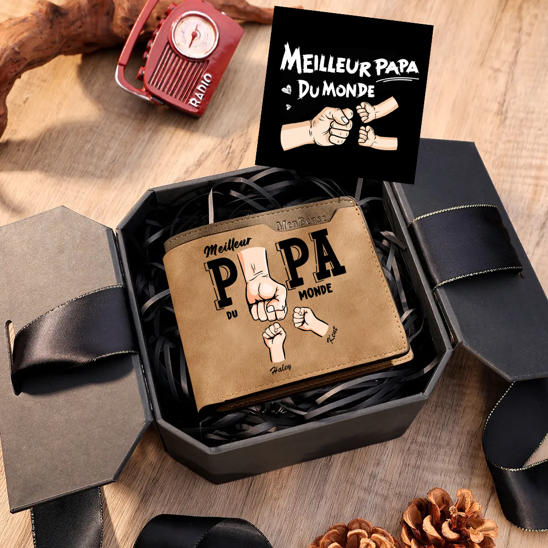 À Papa -Portefeuille Homme en cuir PU "Meilleur Papa du Monde" Personnalisé avec 2 Prénoms Portefeuille Poing Cadeau Fête des Pères | Jessemade