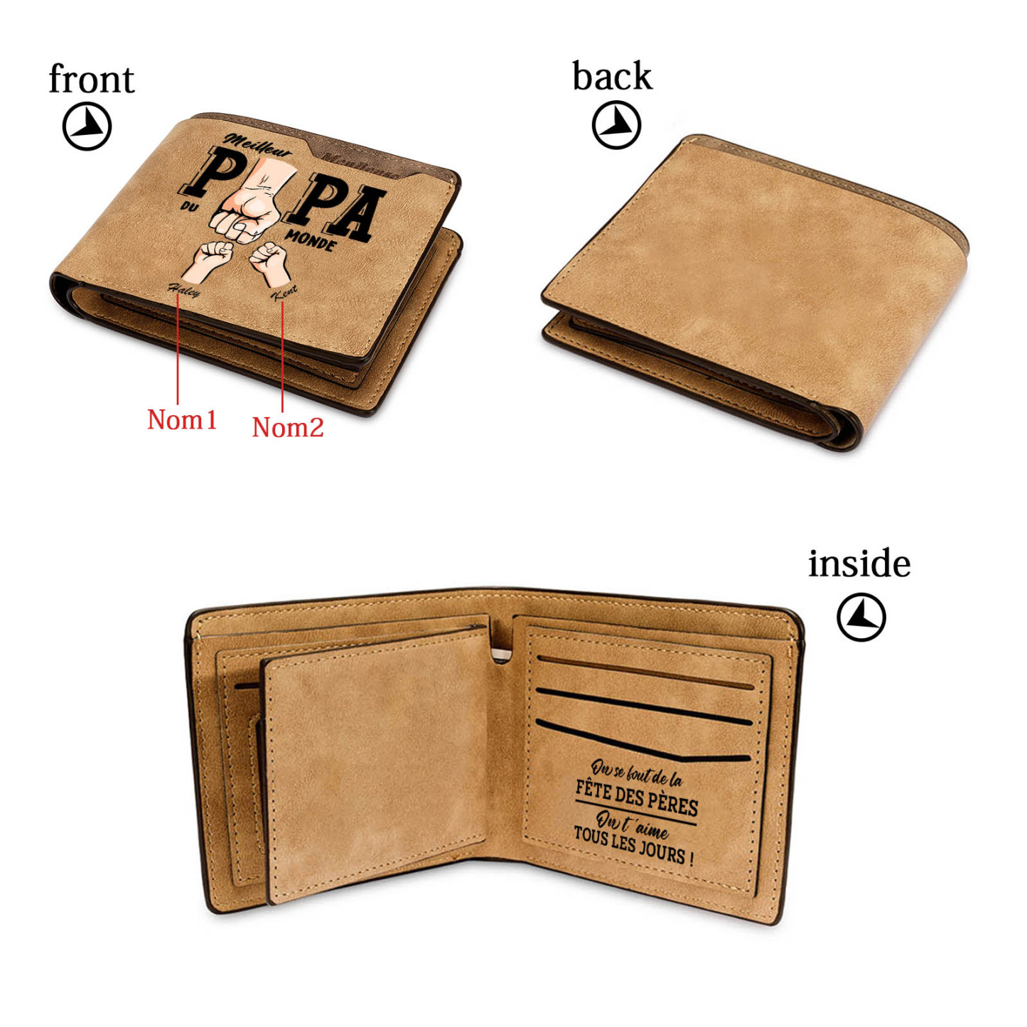 À Papa -Portefeuille Homme en cuir PU "Meilleur Papa du Monde" Personnalisé avec 2 Prénoms Portefeuille Poing Cadeau Fête des Pères | Jessemade