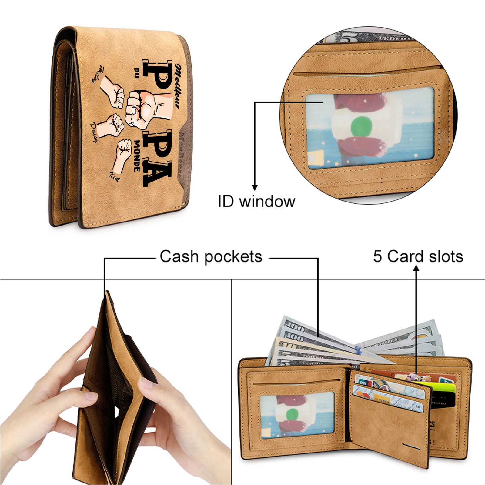 À Papa -Portefeuille Homme en cuir PU "Meilleur Papa du Monde" Personnalisé avec 3 Prénoms Portefeuille Poing Cadeau Fête des Pères | Jessemade