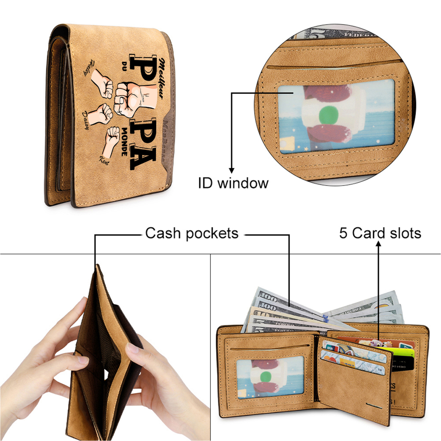 À Papa -Portefeuille Homme en cuir PU "Meilleur Papa du Monde" Personnalisé avec 3 Prénoms Portefeuille Poing Cadeau Fête des Pères | Jessemade