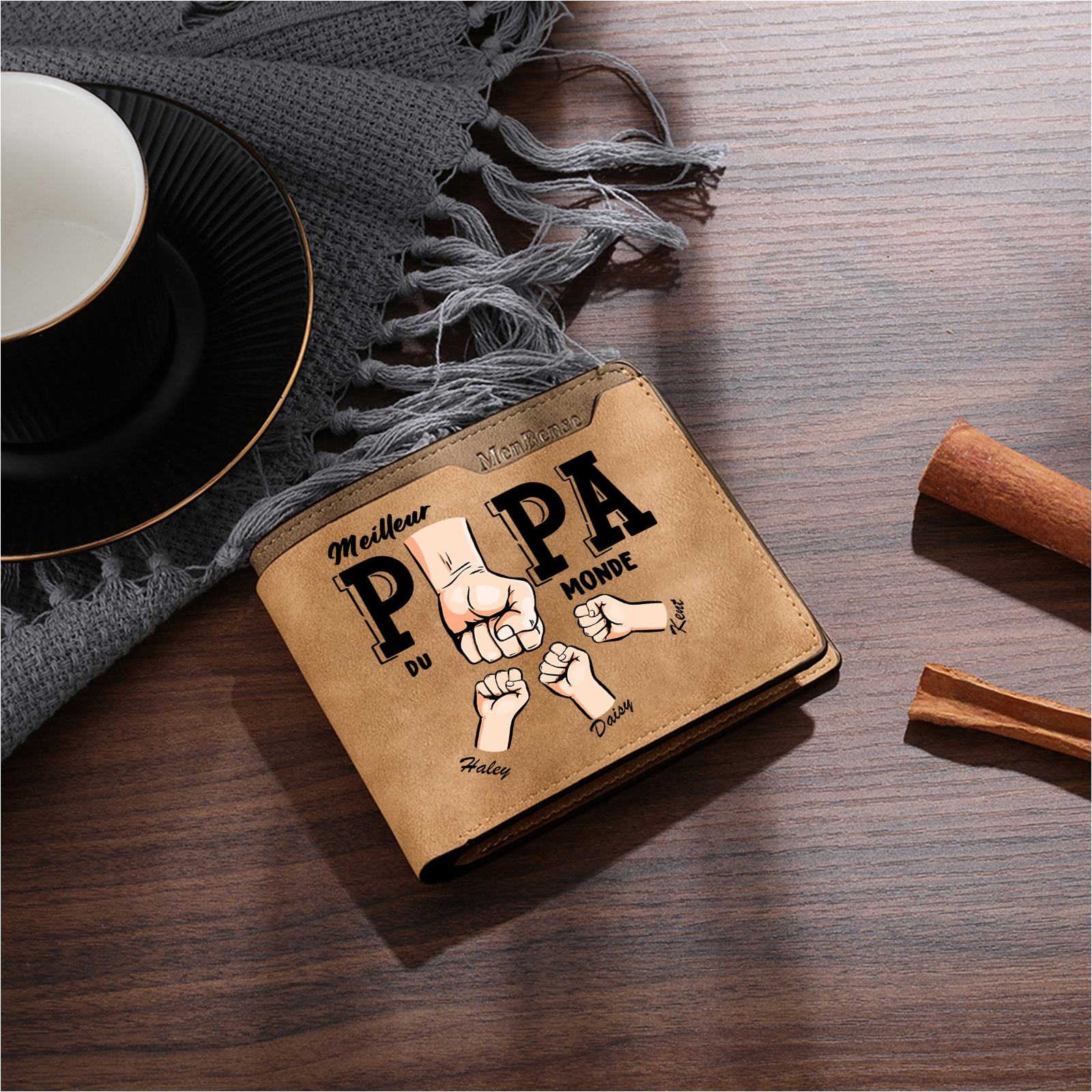 À Papa -Portefeuille Homme en cuir PU "Meilleur Papa du Monde" Personnalisé avec 3 Prénoms Portefeuille Poing Cadeau Fête des Pères | Jessemade