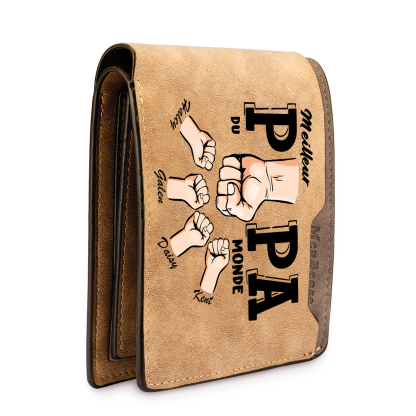 À Papa -Portefeuille Homme en cuir PU "Meilleur Papa du Monde" Personnalisé avec 4 Prénoms Portefeuille Poing Cadeau Fête des Pères | Jessemade