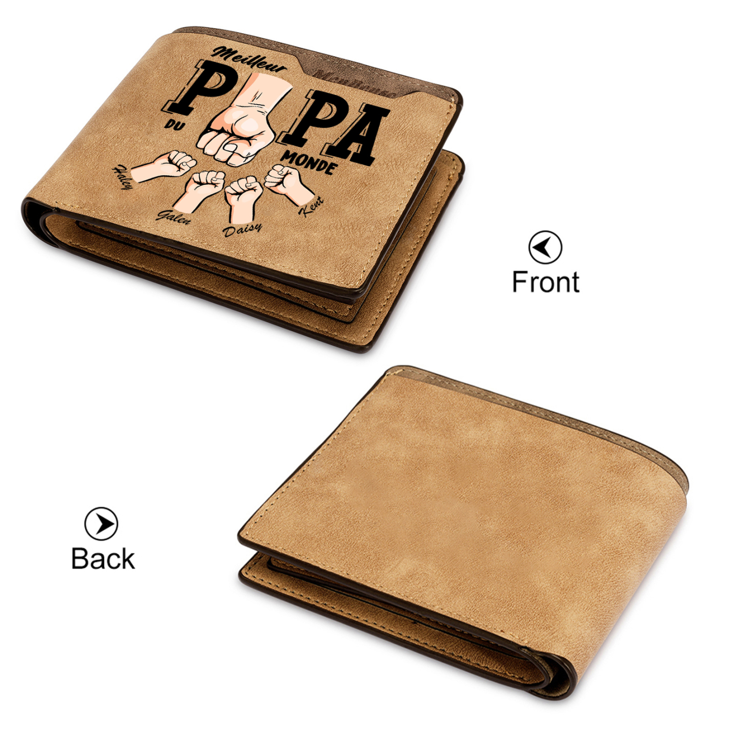 À Papa -Portefeuille Homme en cuir PU "Meilleur Papa du Monde" Personnalisé avec 4 Prénoms Portefeuille Poing Cadeau Fête des Pères | Jessemade
