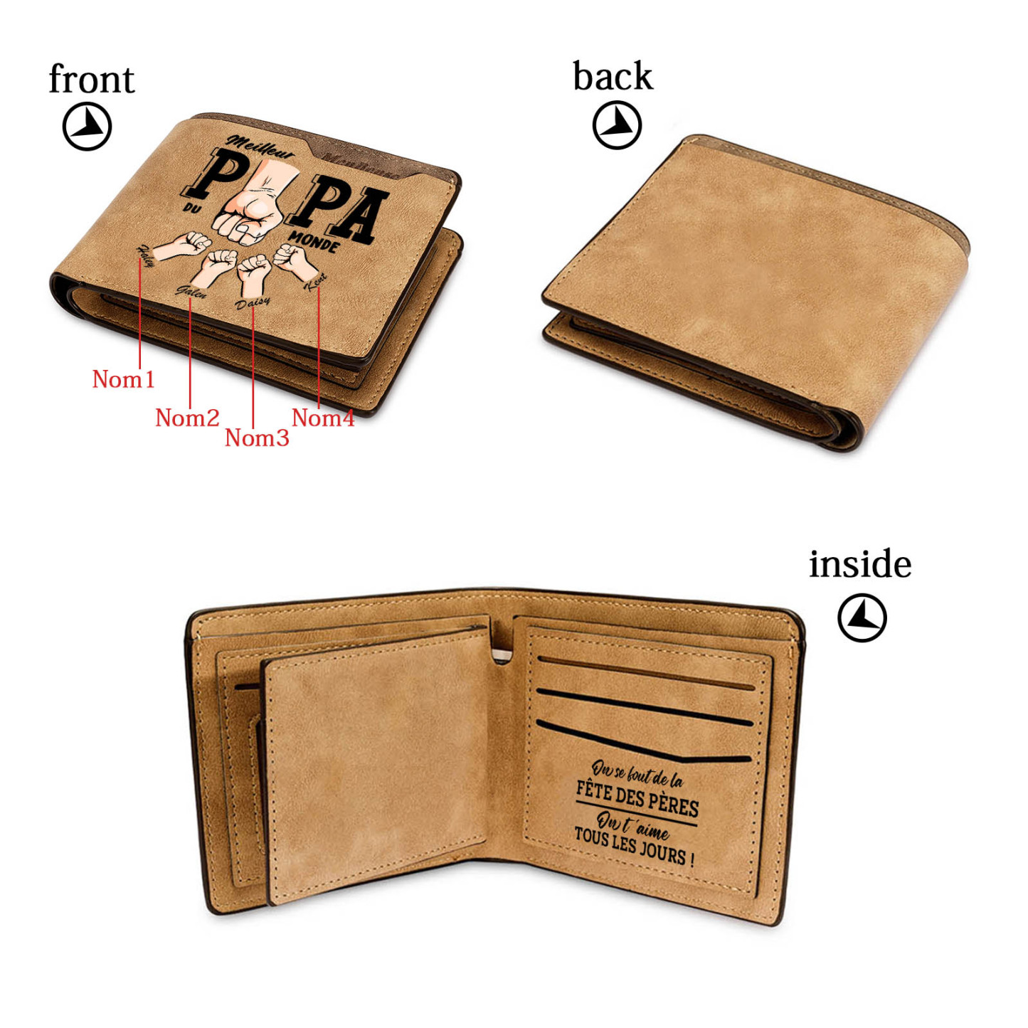 À Papa -Portefeuille Homme en cuir PU "Meilleur Papa du Monde" Personnalisé avec 4 Prénoms Portefeuille Poing Cadeau Fête des Pères | Jessemade