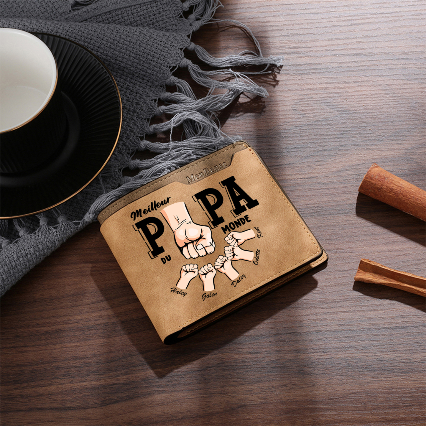 À Papa -Portefeuille Homme en cuir PU "Meilleur Papa du Monde" Personnalisé avec 5 Prénoms Portefeuille Poing Cadeau Fête des Pères | Jessemade