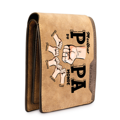 À Papa -Portefeuille Homme en cuir PU "Meilleur Papa du Monde" Personnalisé avec 5 Prénoms Portefeuille Poing Cadeau Fête des Pères | Jessemade