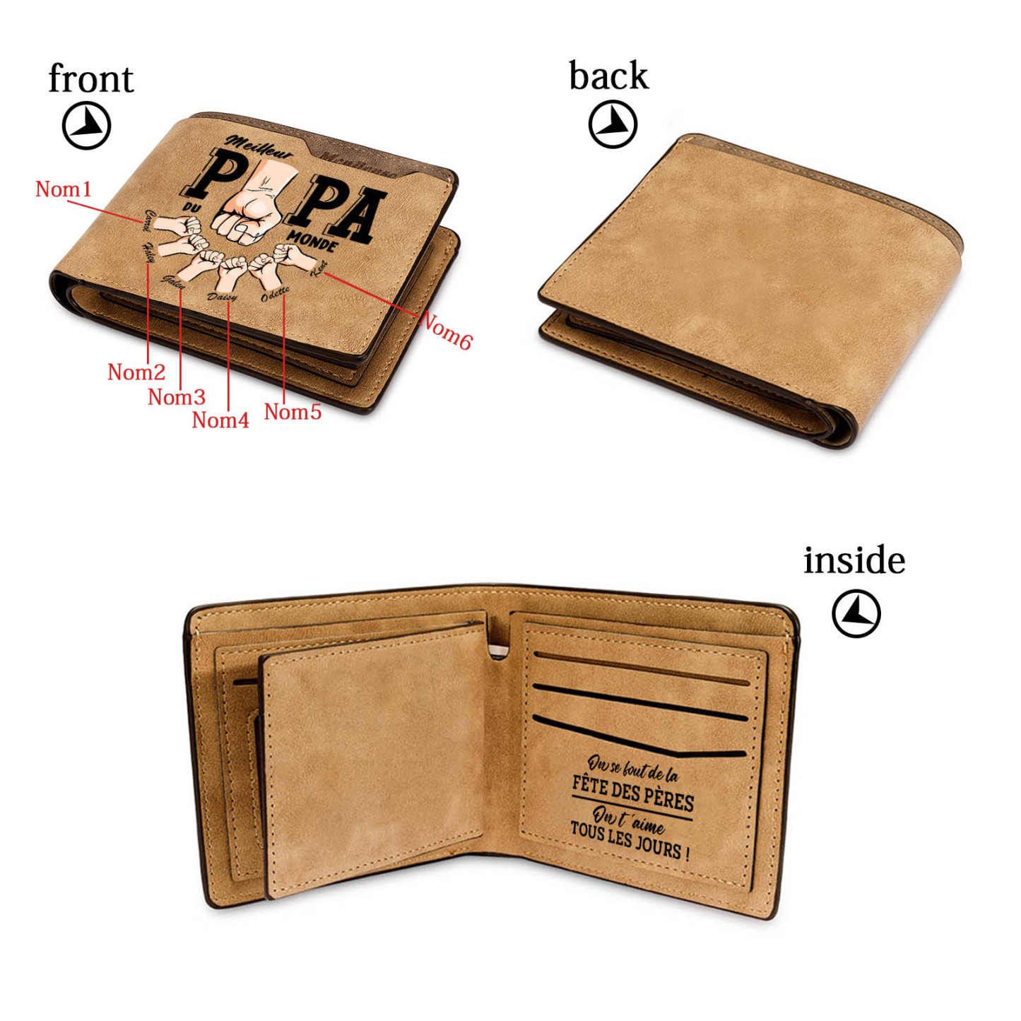 À Papa -Portefeuille Homme en cuir PU "Meilleur Papa du Monde" Personnalisé avec 6 Prénoms Portefeuille Poing Cadeau Fête des Pères | Jessemade