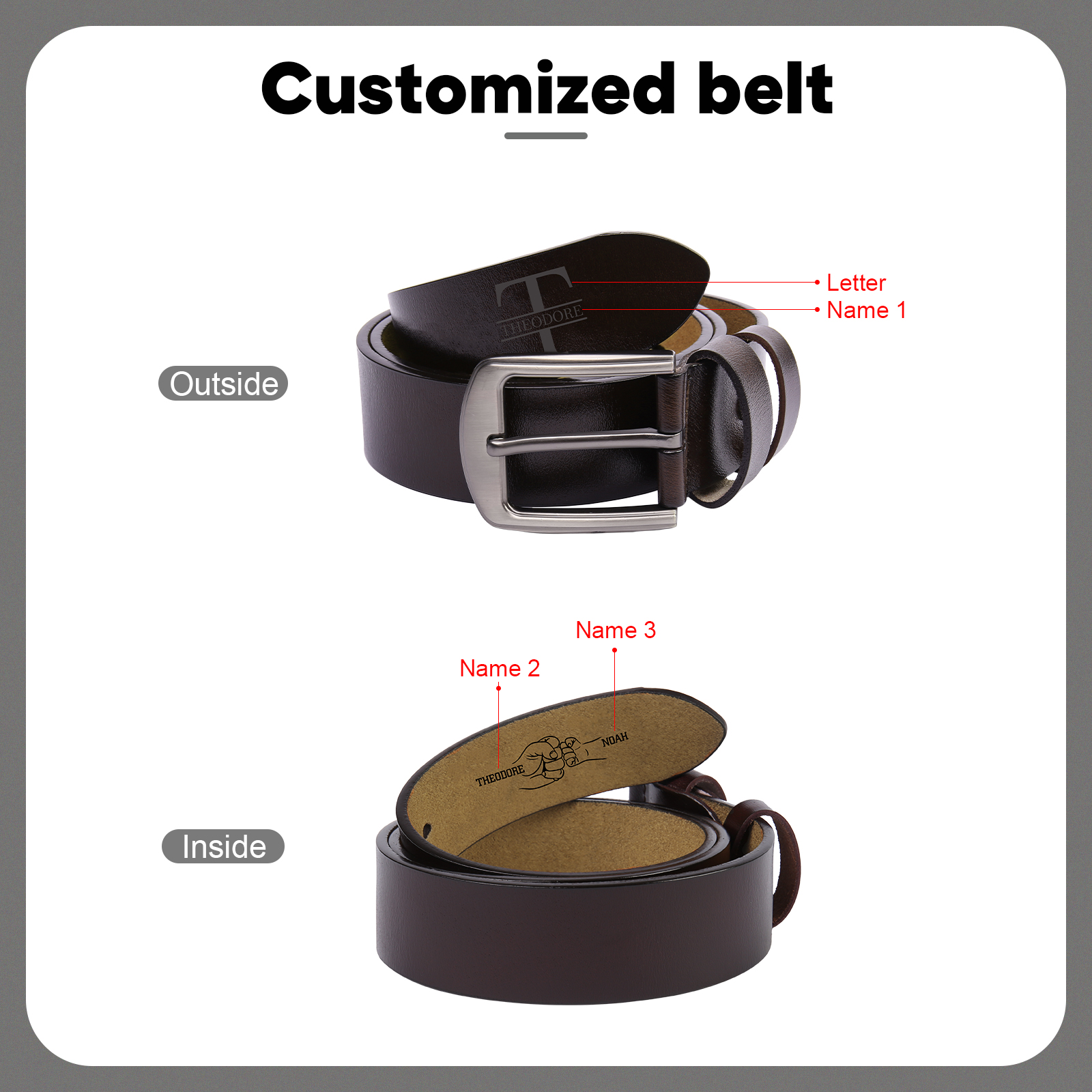 Coffret Cadeau 3PCS - Portefeuille Poings 2-5 Prénoms Personnalisés avec Photo et Ceinture et Carte - Cadeau pour Papa  | Jessemade