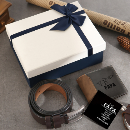 Coffret Cadeau 3PCS - Portefeuille Poings 2-5 Prénoms Personnalisés avec Photo et Ceinture et Carte - Cadeau pour Papa  | Jessemade