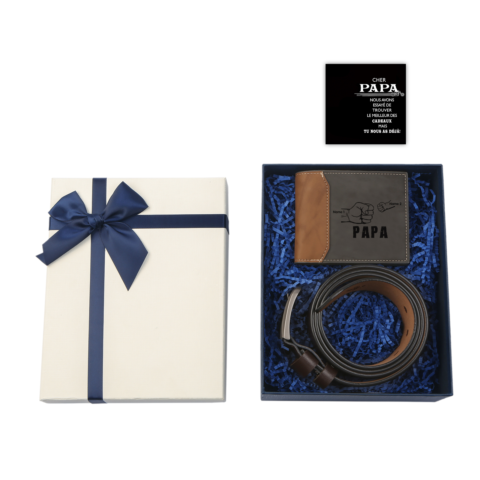 Coffret Cadeau 3PCS - Portefeuille Poings 2-5 Prénoms Personnalisés avec Photo et Ceinture et Carte - Cadeau pour Papa  | Jessemade