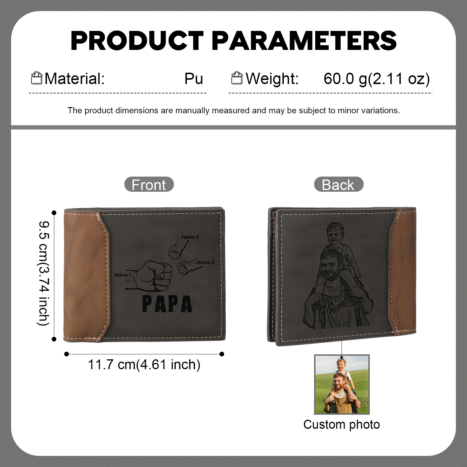 Coffret Cadeau 3PCS - Portefeuille Photo Personnalisés avec 3 Prénoms et Poings avec Ceinture et Carte - Cadeau pour Papa  | Jessemade