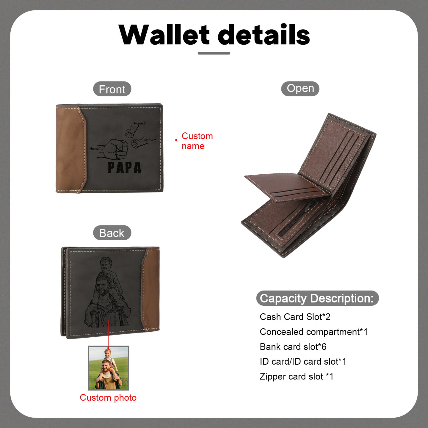 Coffret Cadeau 3PCS - Portefeuille Photo Personnalisés avec 3 Prénoms et Poings avec Ceinture et Carte - Cadeau pour Papa  | Jessemade