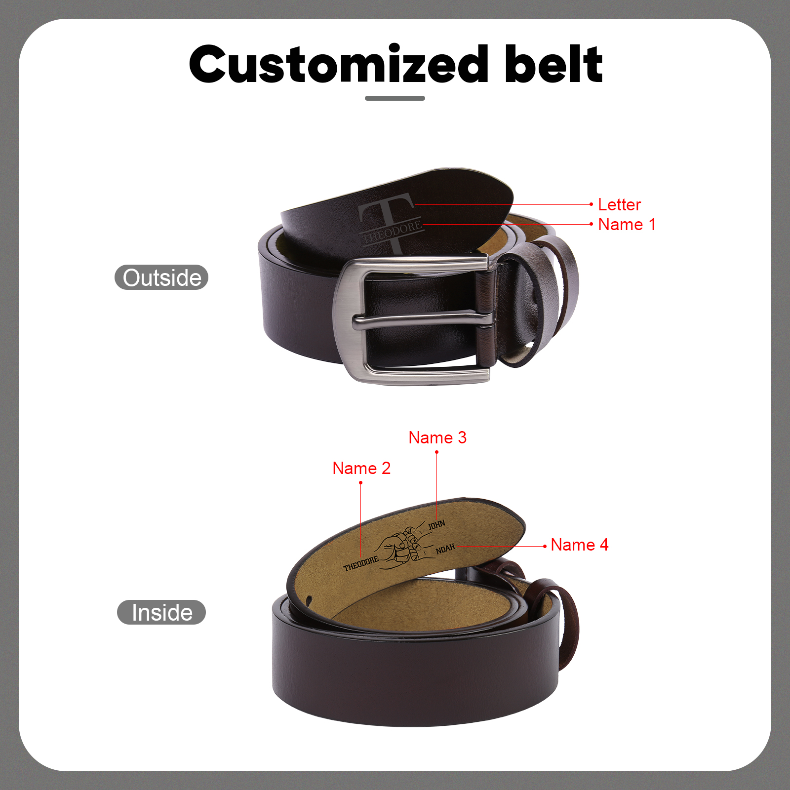 Coffret Cadeau 3PCS - Portefeuille Photo Personnalisés avec 3 Prénoms et Poings avec Ceinture et Carte - Cadeau pour Papa  | Jessemade