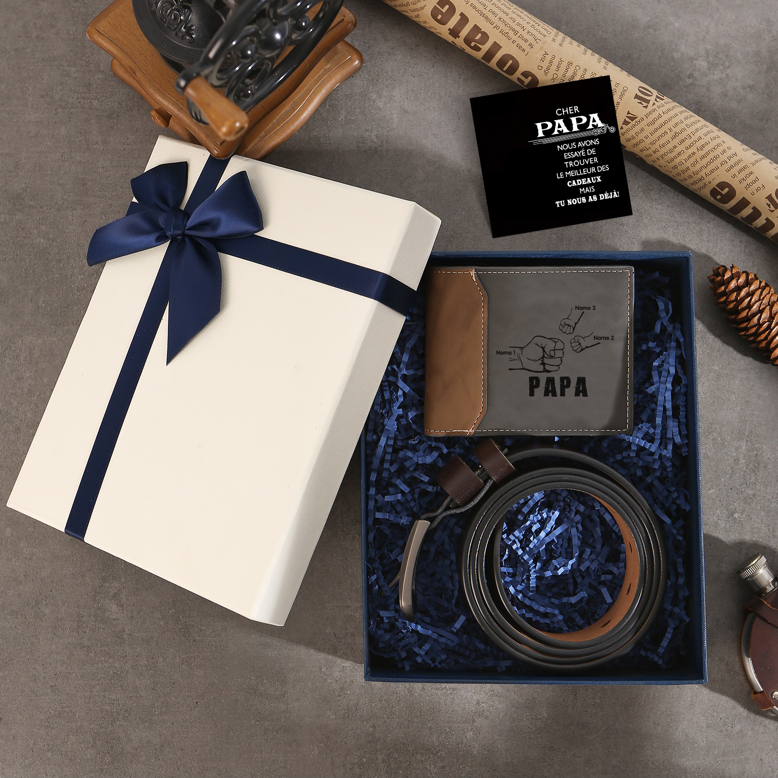 Coffret Cadeau 3PCS - Portefeuille Photo Personnalisés avec 3 Prénoms et Poings avec Ceinture et Carte - Cadeau pour Papa  | Jessemade
