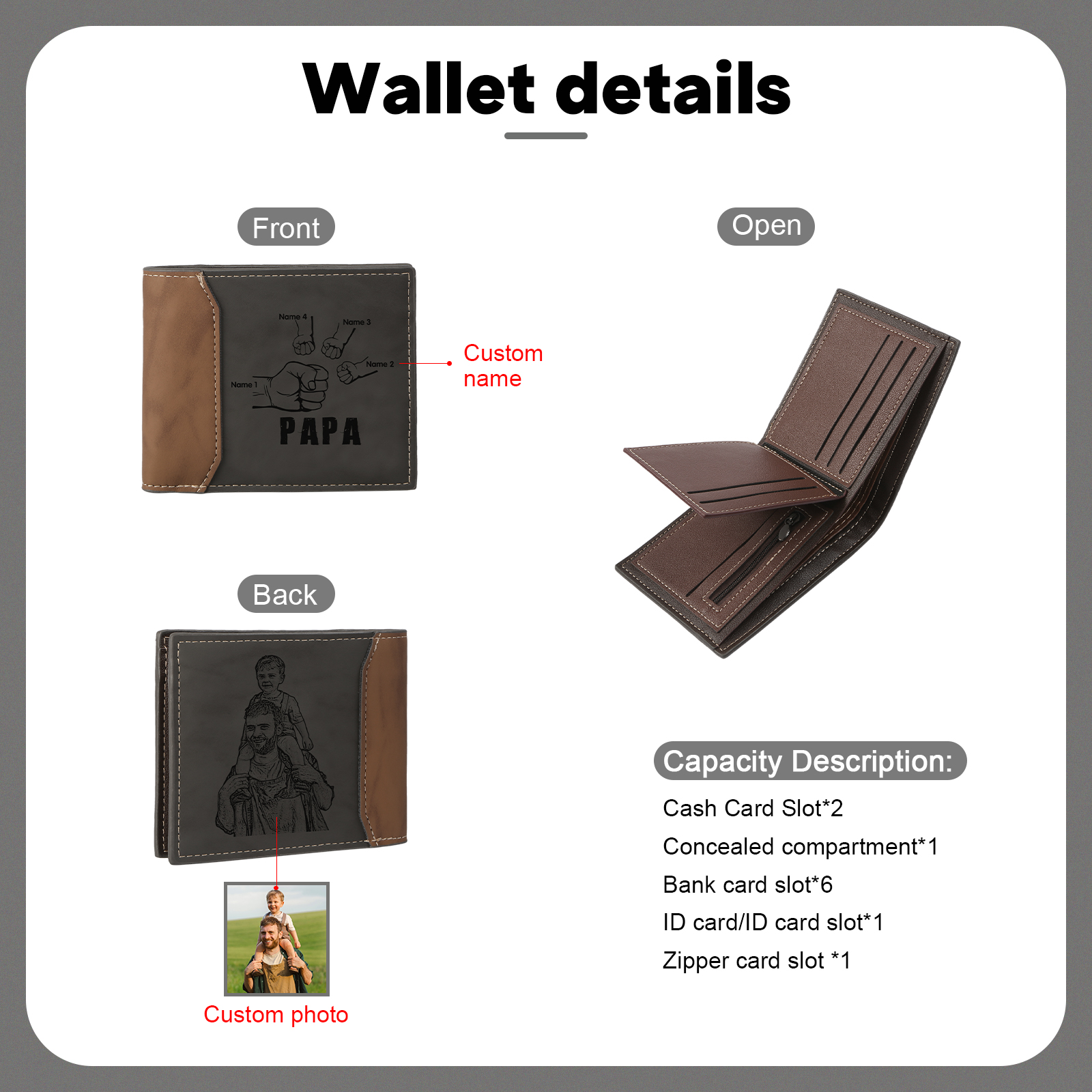 Coffret Cadeau 3PCS - Portefeuille Photo Personnalisés avec 4 Prénoms et Poings avec Ceinture et Carte - Cadeau pour Papa  | Jessemade