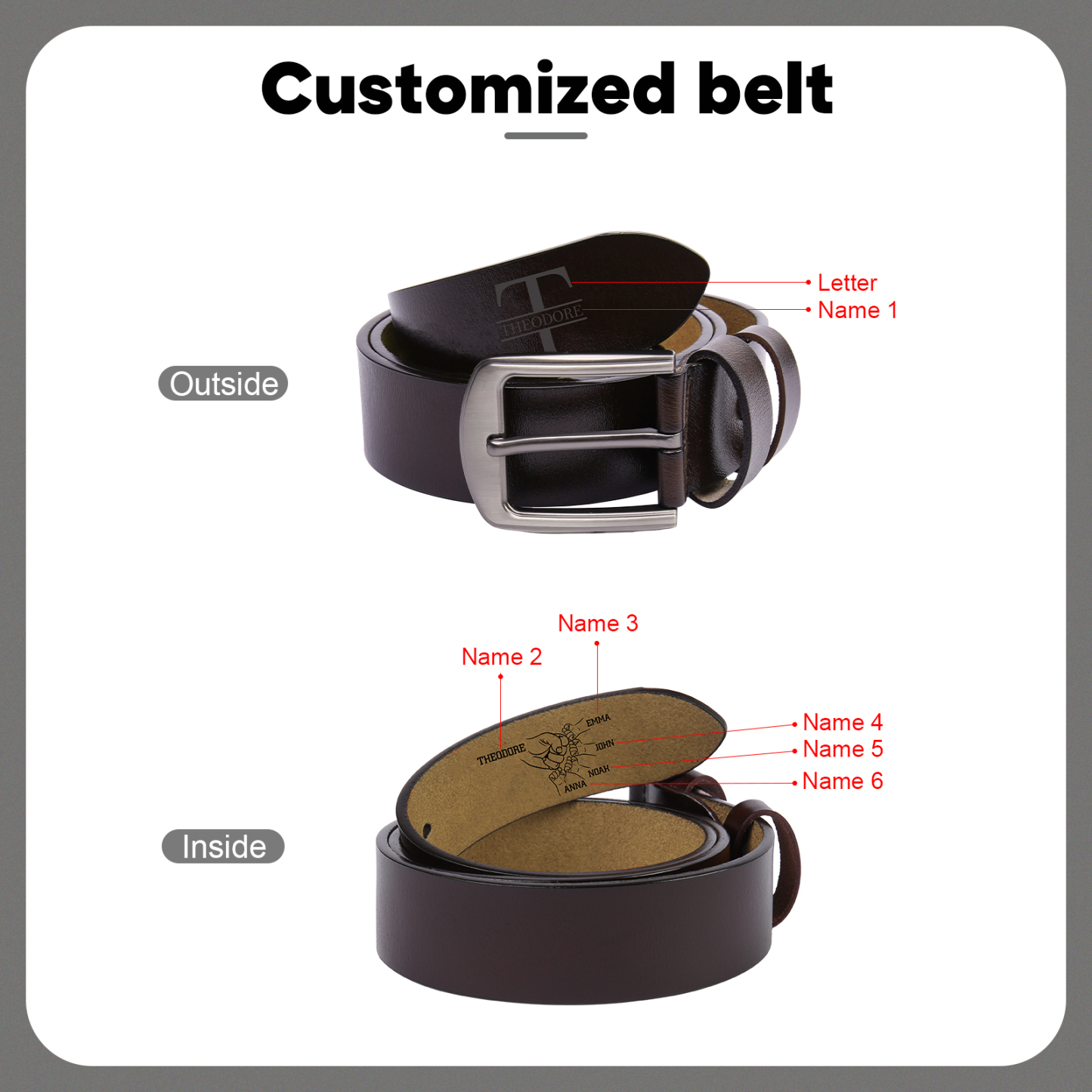 Coffret Cadeau 3PCS - Portefeuille Photo Personnalisés avec 5 Prénoms et Poings avec Ceinture et Carte - Cadeau pour Papa  | Jessemade