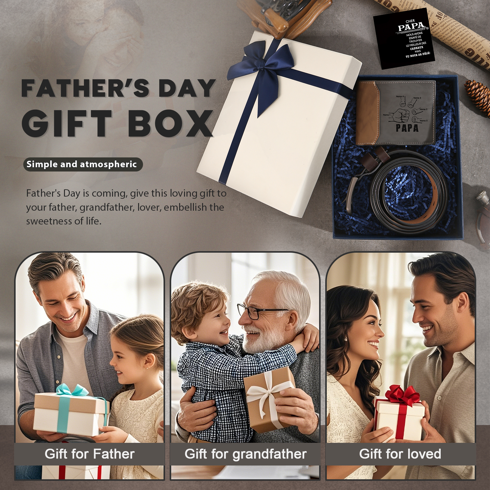 Coffret Cadeau 3PCS - Portefeuille Photo Personnalisés avec 5 Prénoms et Poings avec Ceinture et Carte - Cadeau pour Papa  | Jessemade