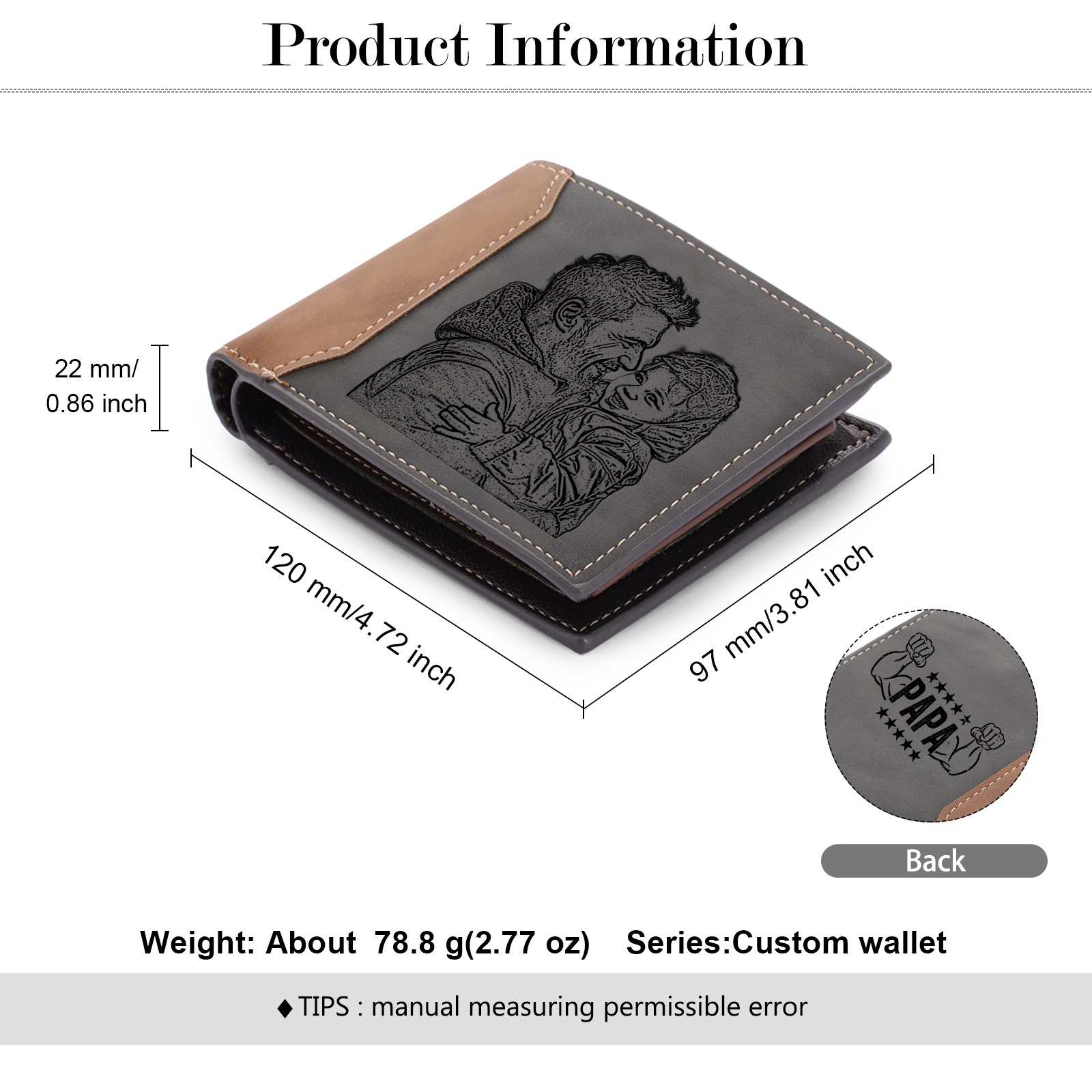 Portefeuille personnalisé avec 1 photo-Monnaie Carte Classique Homme Cadeau pour Père | Jessemade