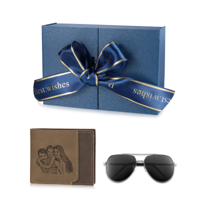 Coffret Cadeau 2PCS - Portefeuille Photo Personnalisés avec 1 Letter et 1 Prénom avec Lunettes de Soleil - Cadeau pour Papa  | Jessemade