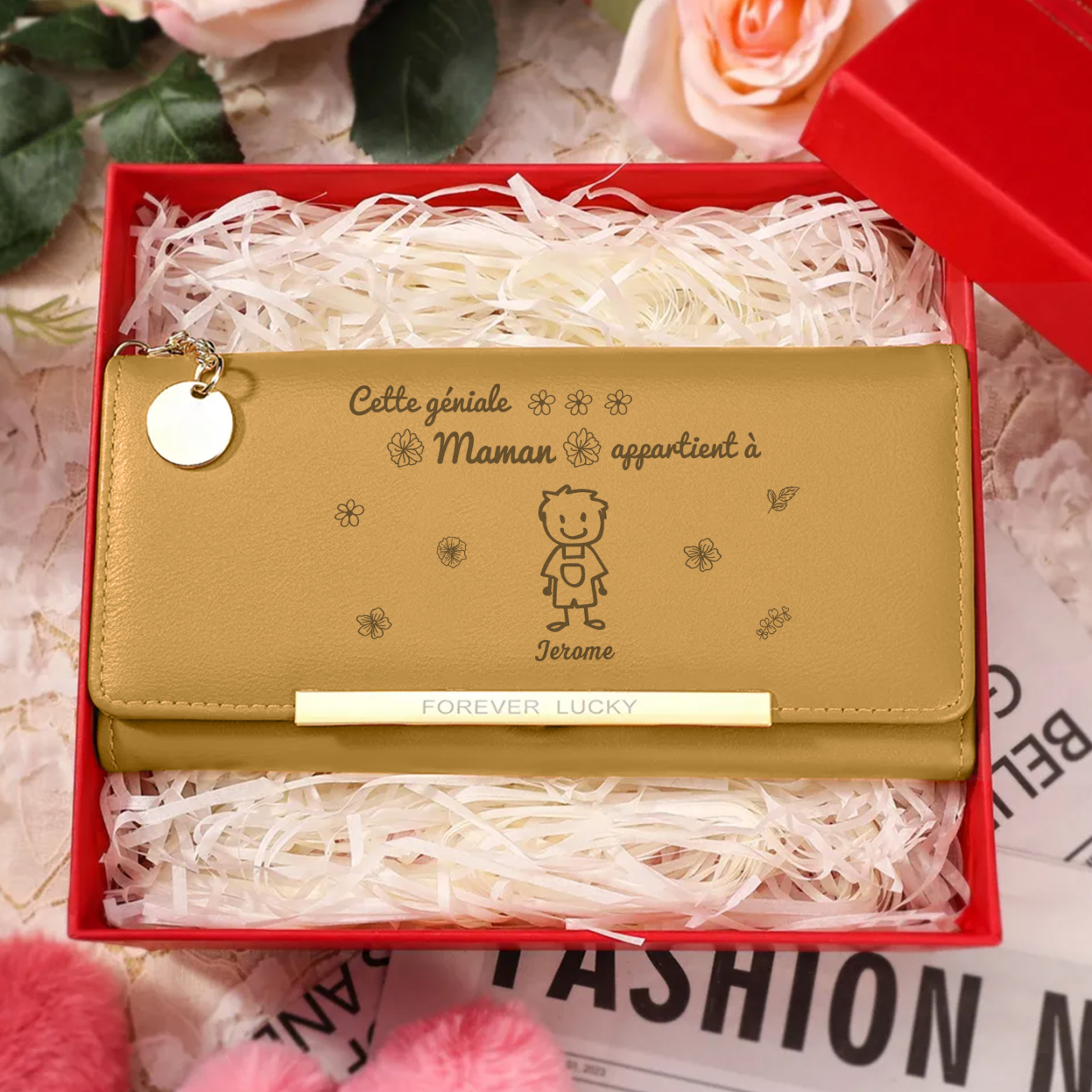 À Maman -Portefeuille Personnalisé long en cuir PU avec 1 Dessin Enfant et 1 Prénom Porte-monnaie pour Maman | Jessemade