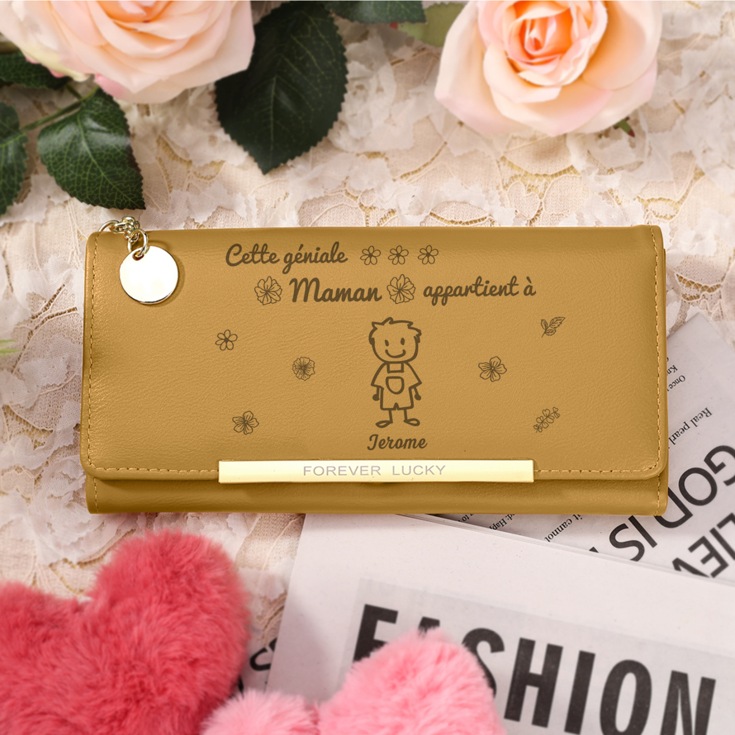 À Maman -Portefeuille Personnalisé long en cuir PU avec 1 Dessin Enfant et 1 Prénom Porte-monnaie pour Maman | Jessemade