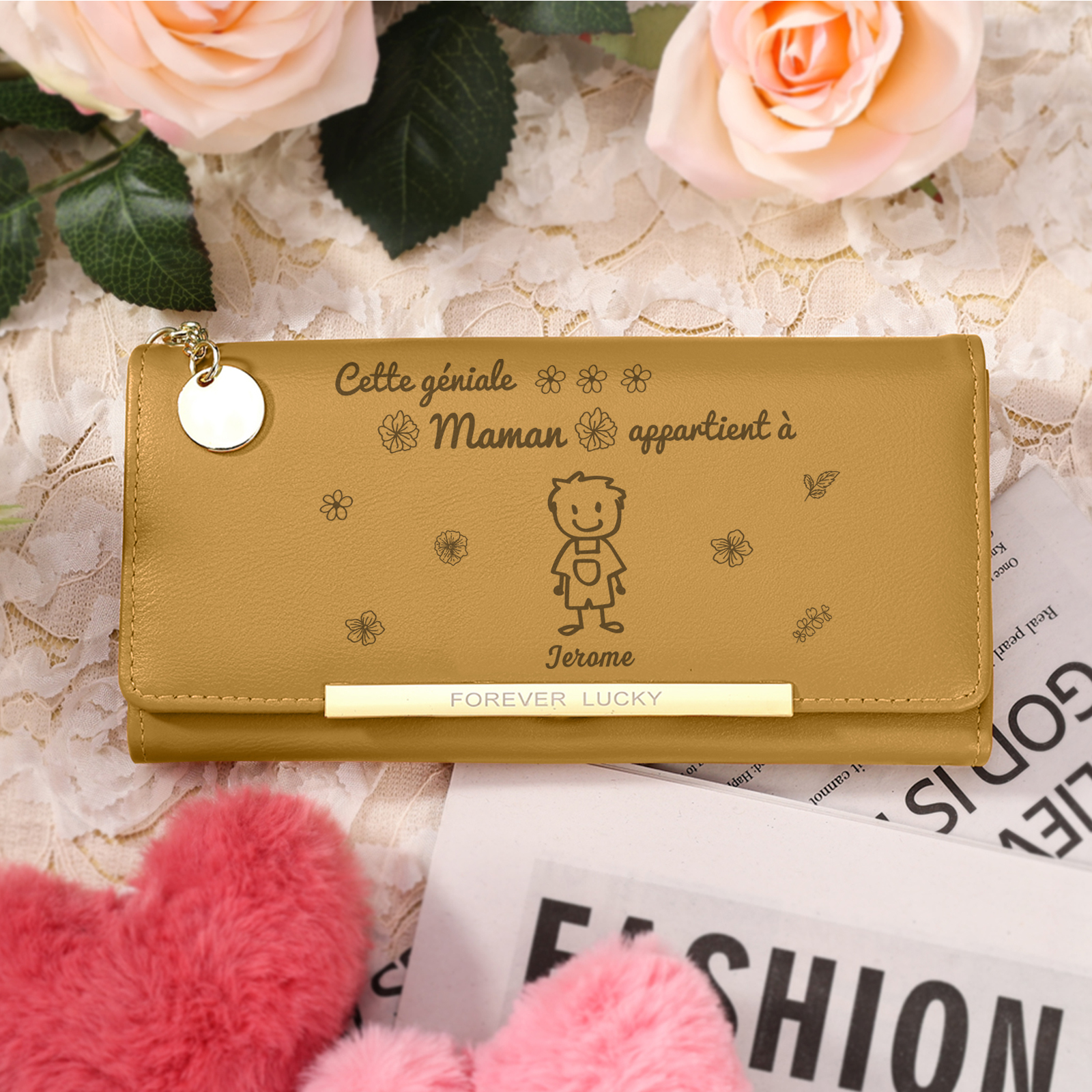 À Maman -Portefeuille Personnalisé long en cuir PU avec 1 Dessin Enfant et 1 Prénom Porte-monnaie pour Maman | Jessemade