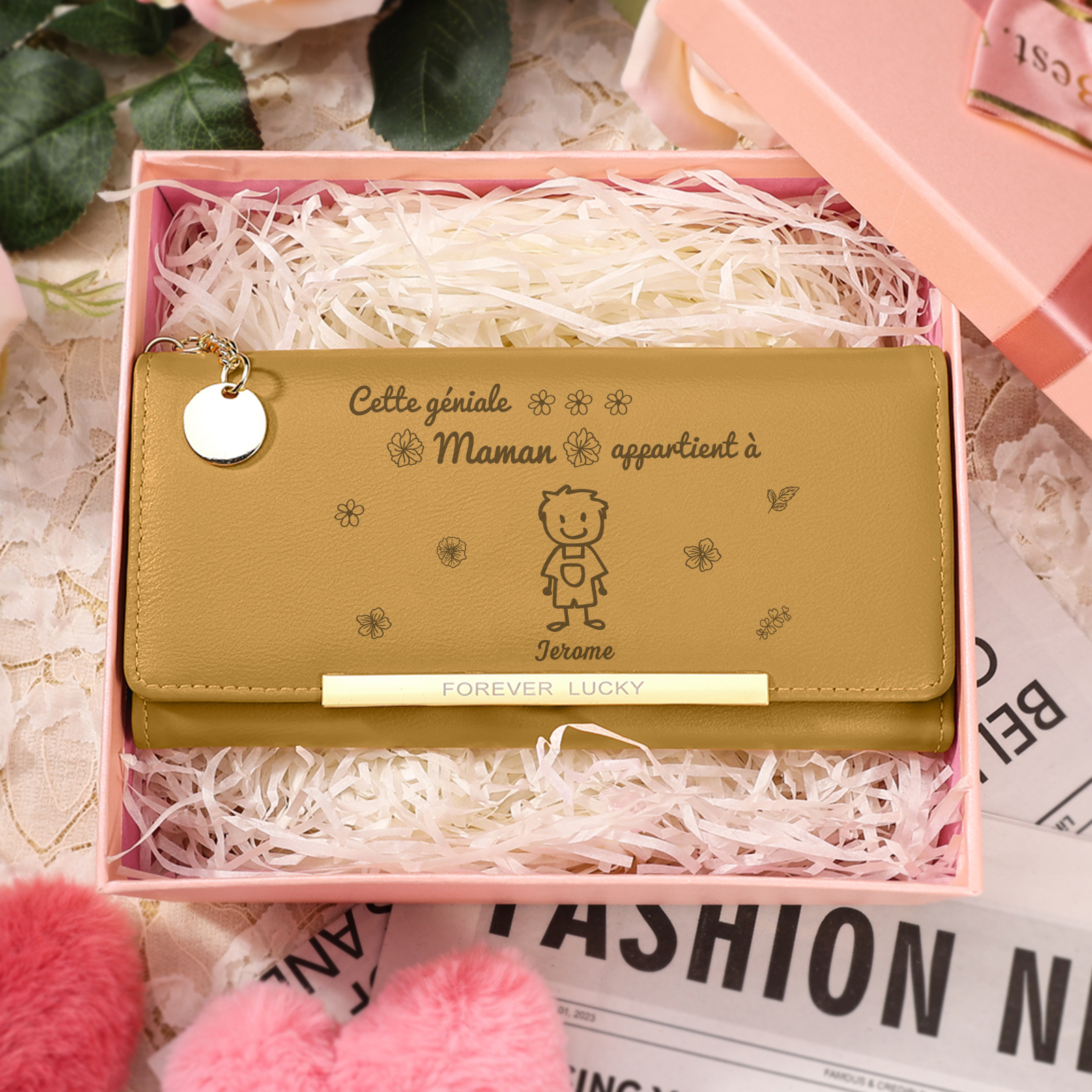 À Maman -Portefeuille Personnalisé long en cuir PU avec 1 Dessin Enfant et 1 Prénom Porte-monnaie pour Maman | Jessemade