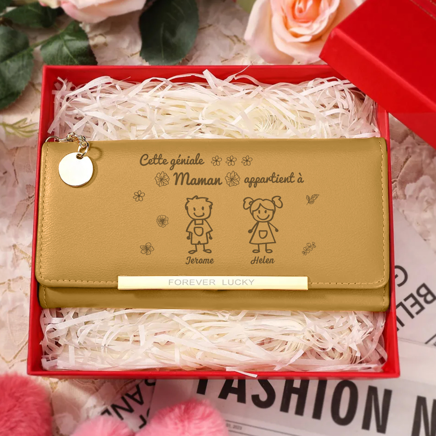 À Maman -Portefeuille Personnalisé long en cuir PU avec 2 Dessins Enfant et 2 Prénoms Porte-monnaie pour Maman | Jessemade