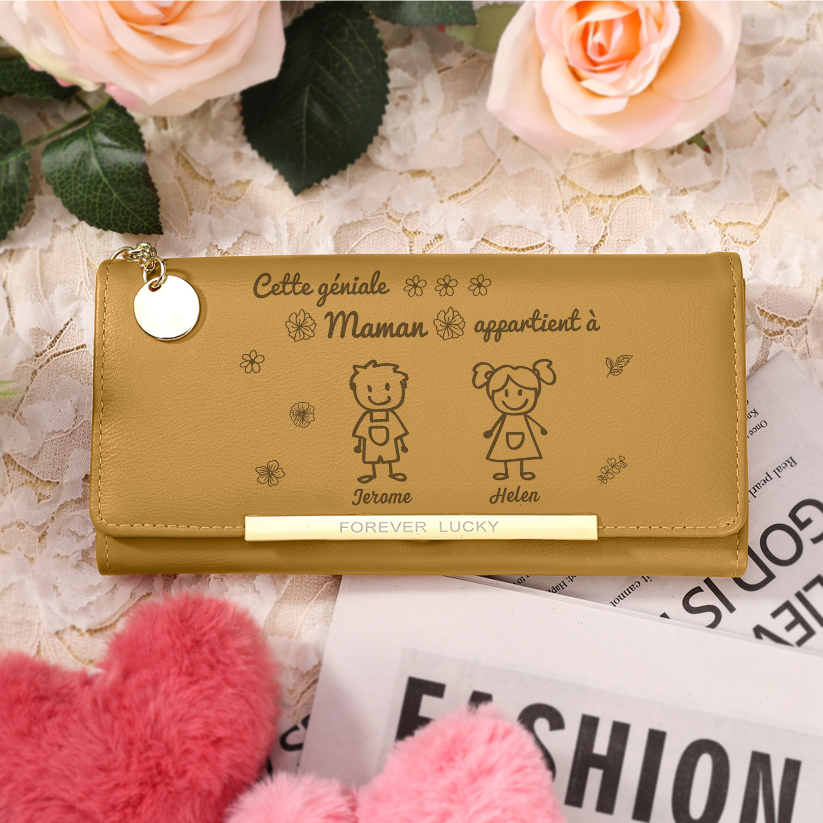 À Maman -Portefeuille Personnalisé long en cuir PU avec 2 Dessins Enfant et 2 Prénoms Porte-monnaie pour Maman | Jessemade