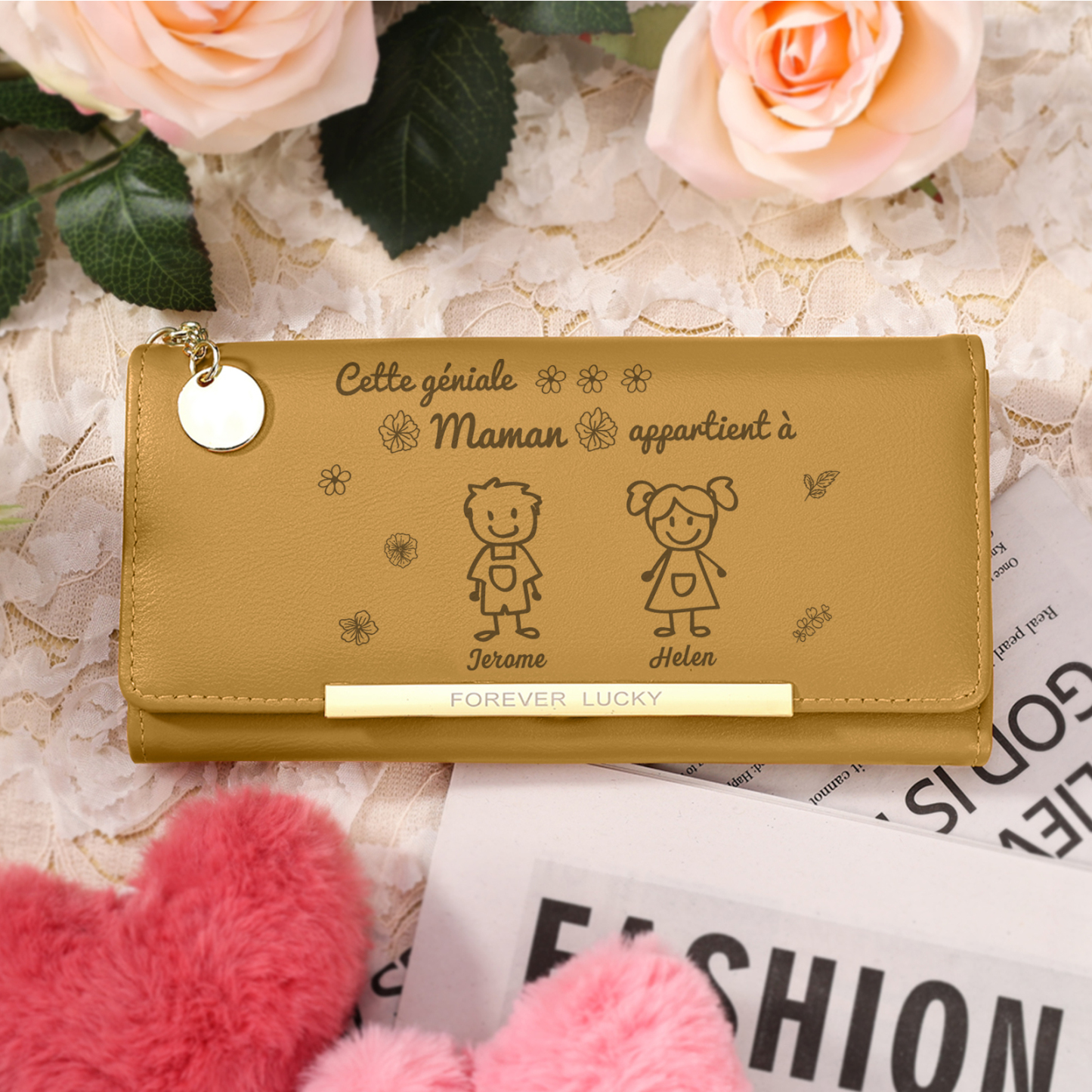 À Maman -Portefeuille Personnalisé long en cuir PU avec 2 Dessins Enfant et 2 Prénoms Porte-monnaie pour Maman | Jessemade