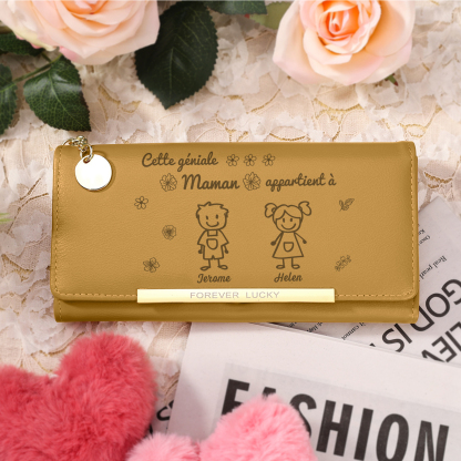 À Maman -Portefeuille Personnalisé long en cuir PU avec 2 Dessins Enfant et 2 Prénoms Porte-monnaie pour Maman | Jessemade