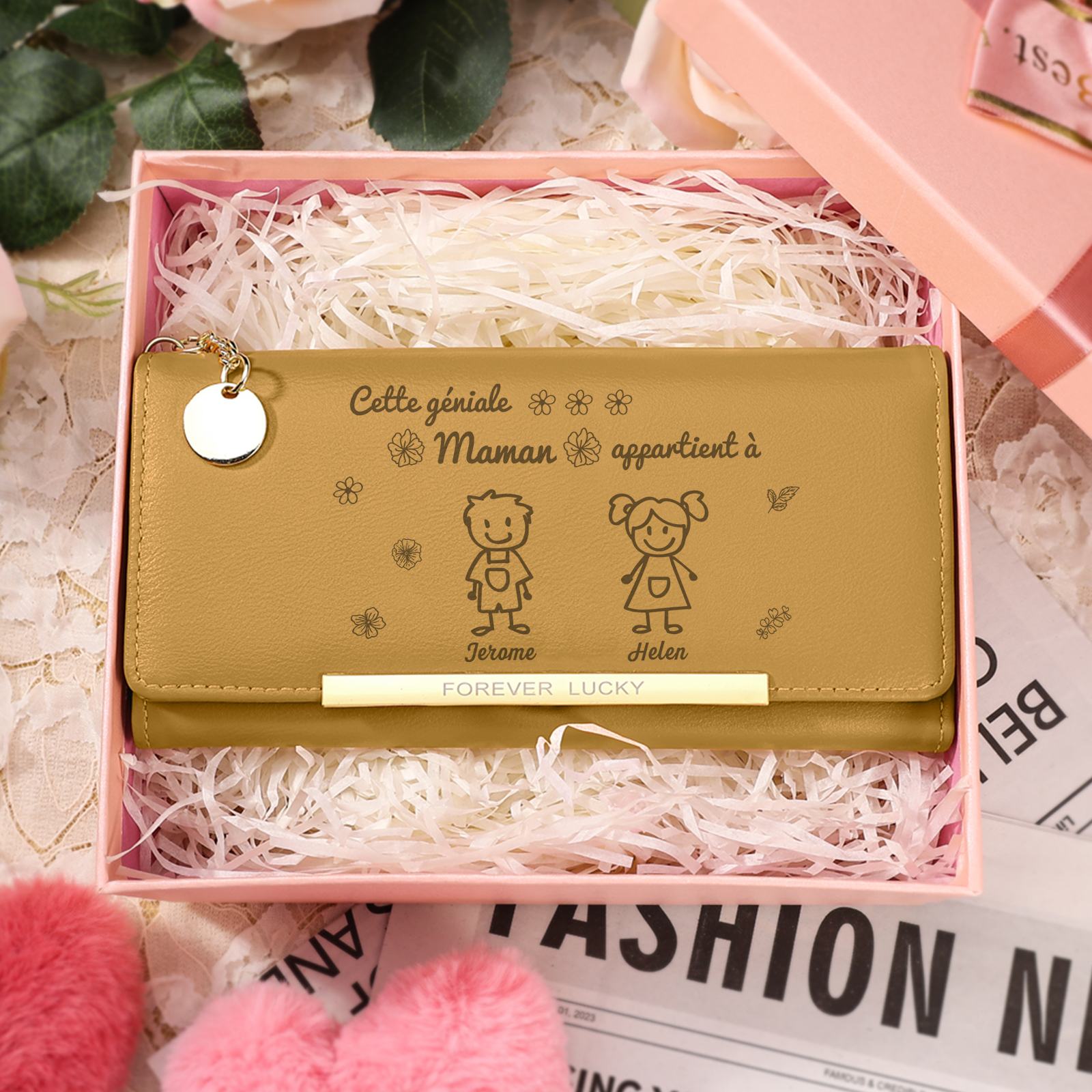 À Maman -Portefeuille Personnalisé long en cuir PU avec 2 Dessins Enfant et 2 Prénoms Porte-monnaie pour Maman | Jessemade