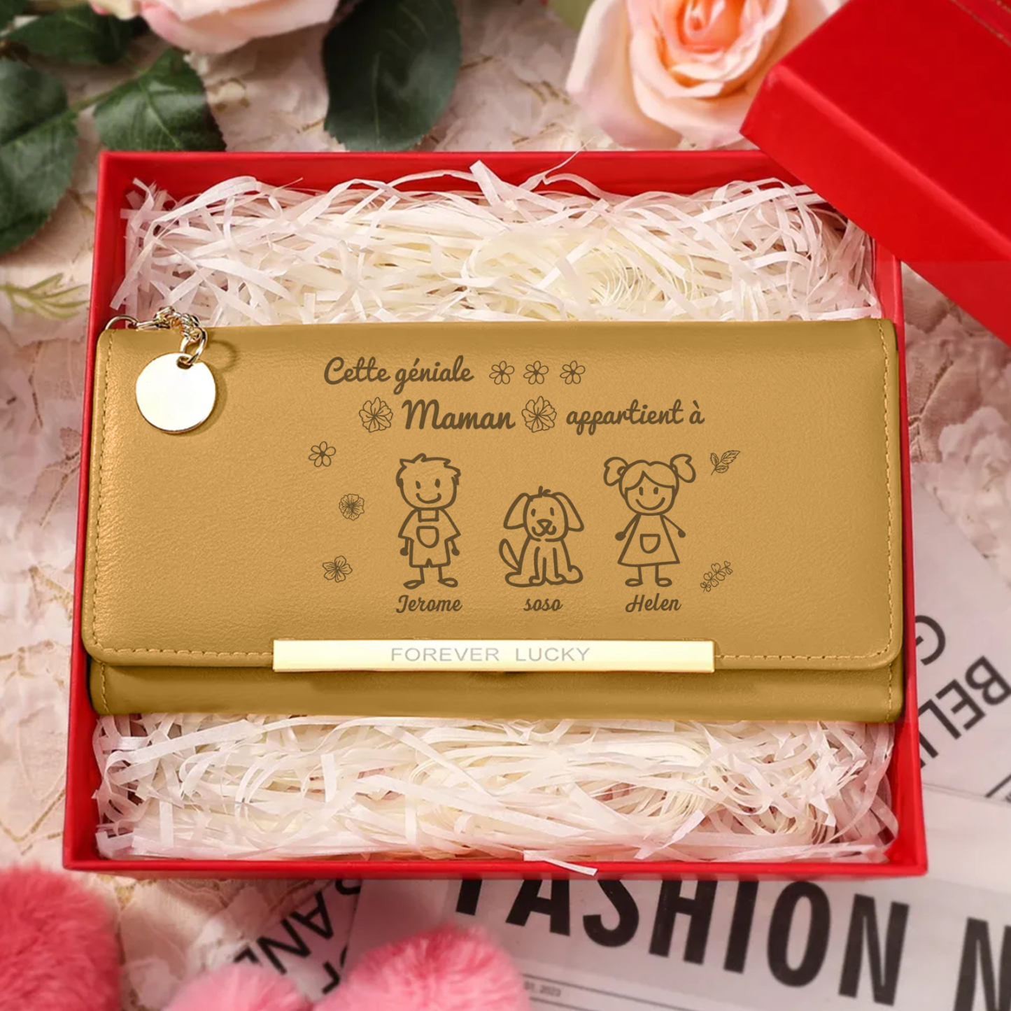 À Maman -Portefeuille Personnalisé long en cuir PU avec 3 Dessins Enfant et 3 Prénoms Porte-monnaie pour Maman | Jessemade