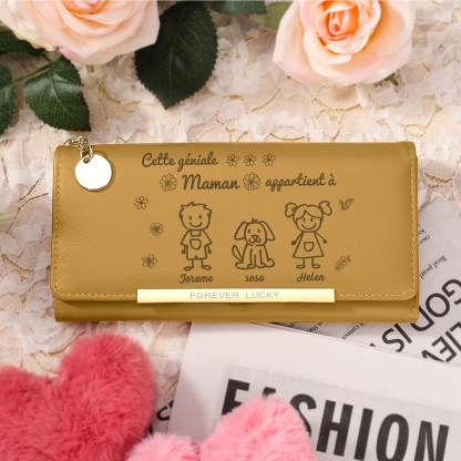 À Maman -Portefeuille Personnalisé long en cuir PU avec 3 Dessins Enfant et 3 Prénoms Porte-monnaie pour Maman | Jessemade