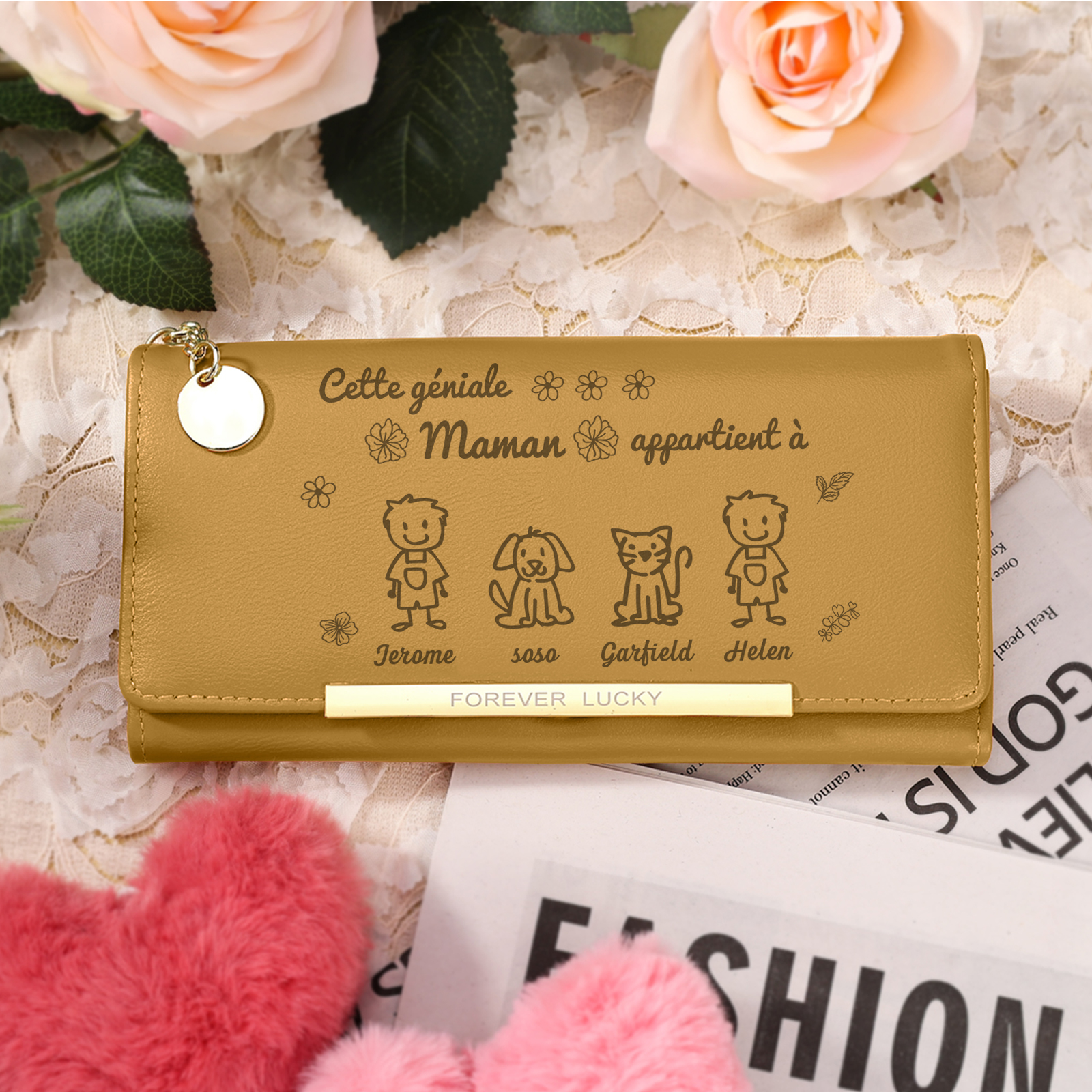 À Maman -Portefeuille Personnalisé long en cuir PU avec 4 Dessins Enfant et 4 Prénoms Porte-monnaie pour Maman | Jessemade