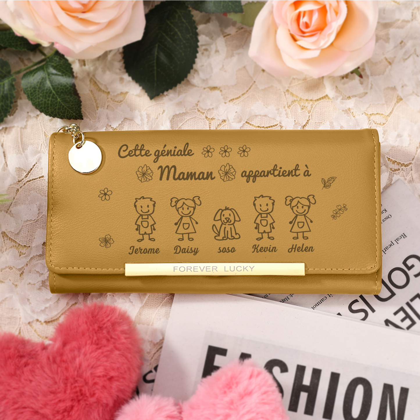 À Maman -Portefeuille Personnalisé long en cuir PU avec 5 Dessins Enfant et 5 Prénoms Porte-monnaie pour Maman | Jessemade