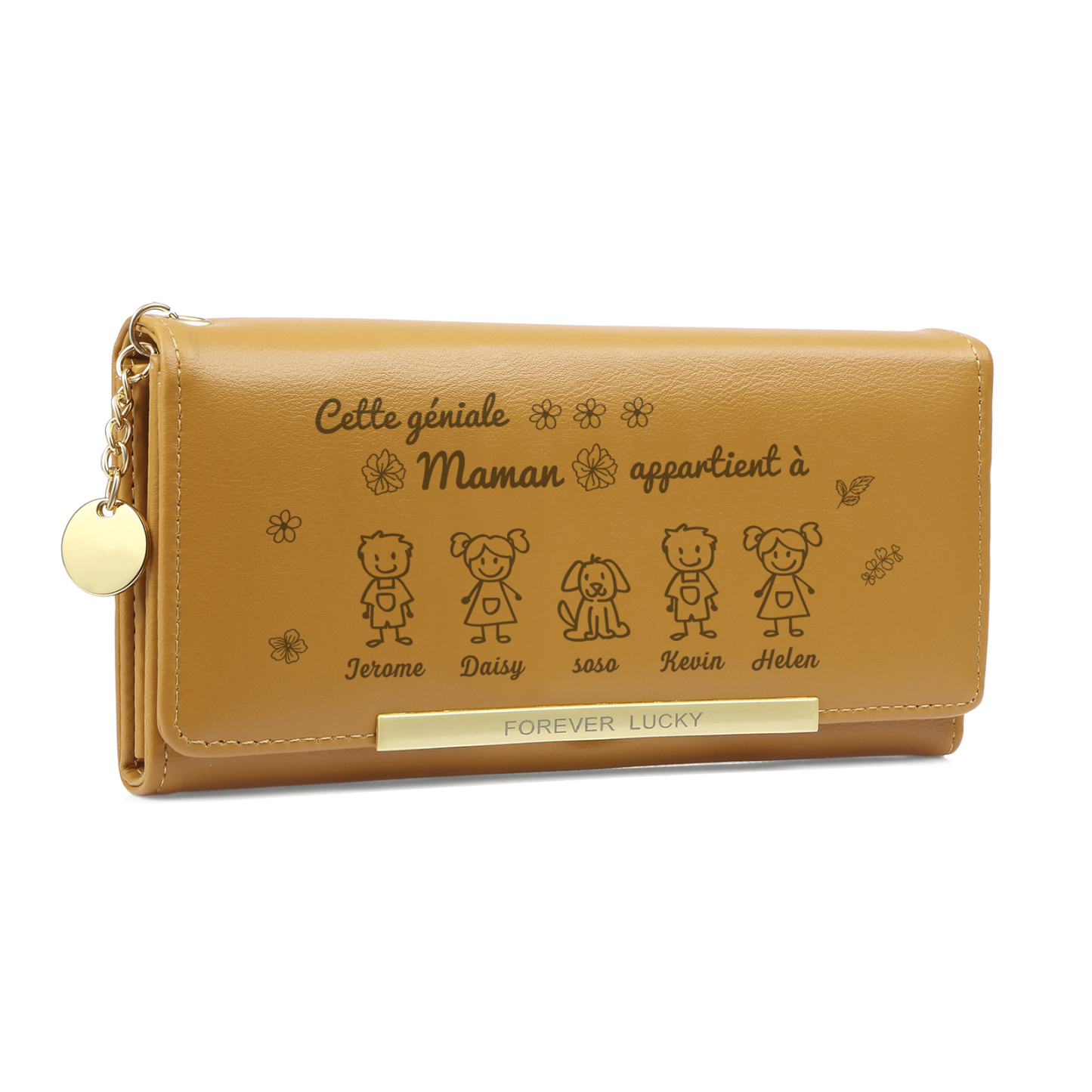 À Maman -Portefeuille Personnalisé long en cuir PU avec 5 Dessins Enfant et 5 Prénoms Porte-monnaie pour Maman | Jessemade