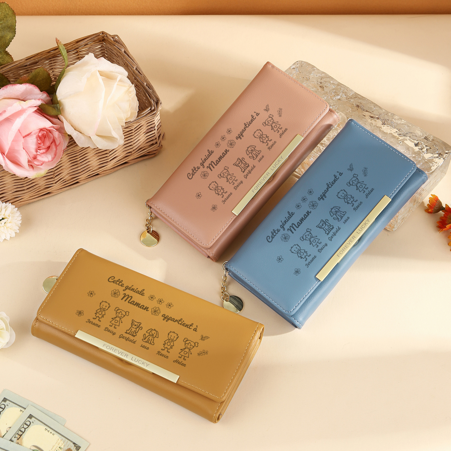 À Maman -Portefeuille Personnalisé long en cuir PU avec 6 Dessins Enfant et 6 Prénoms Porte-monnaie pour Maman | Jessemade