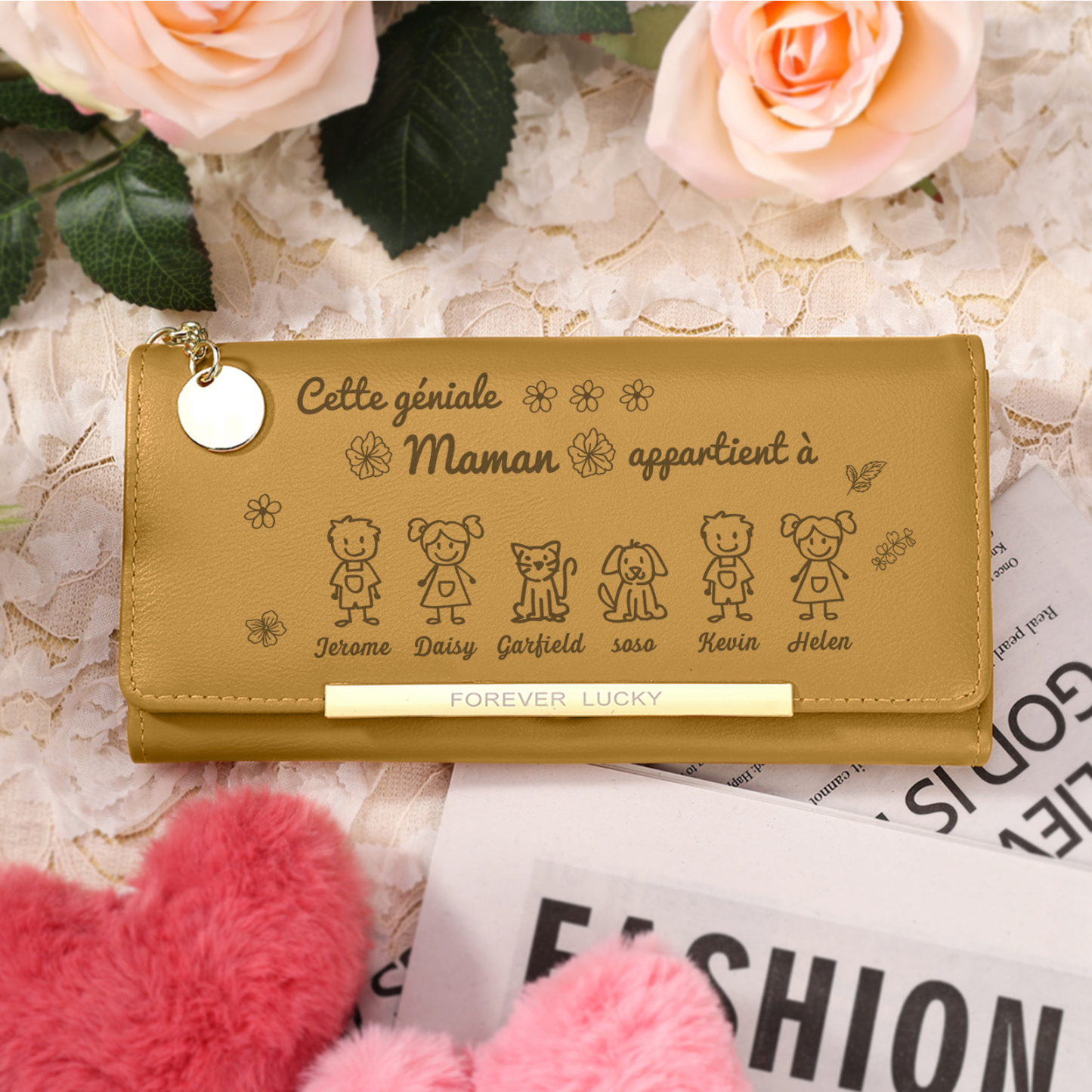 À Maman -Portefeuille Personnalisé long en cuir PU avec 6 Dessins Enfant et 6 Prénoms Porte-monnaie pour Maman | Jessemade