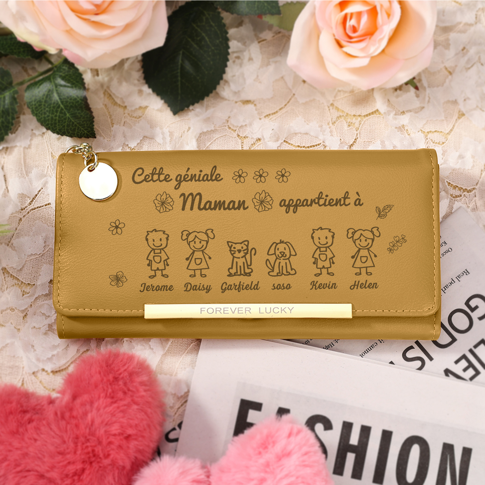À Maman -Portefeuille Personnalisé long en cuir PU avec 6 Dessins Enfant et 6 Prénoms Porte-monnaie pour Maman | Jessemade