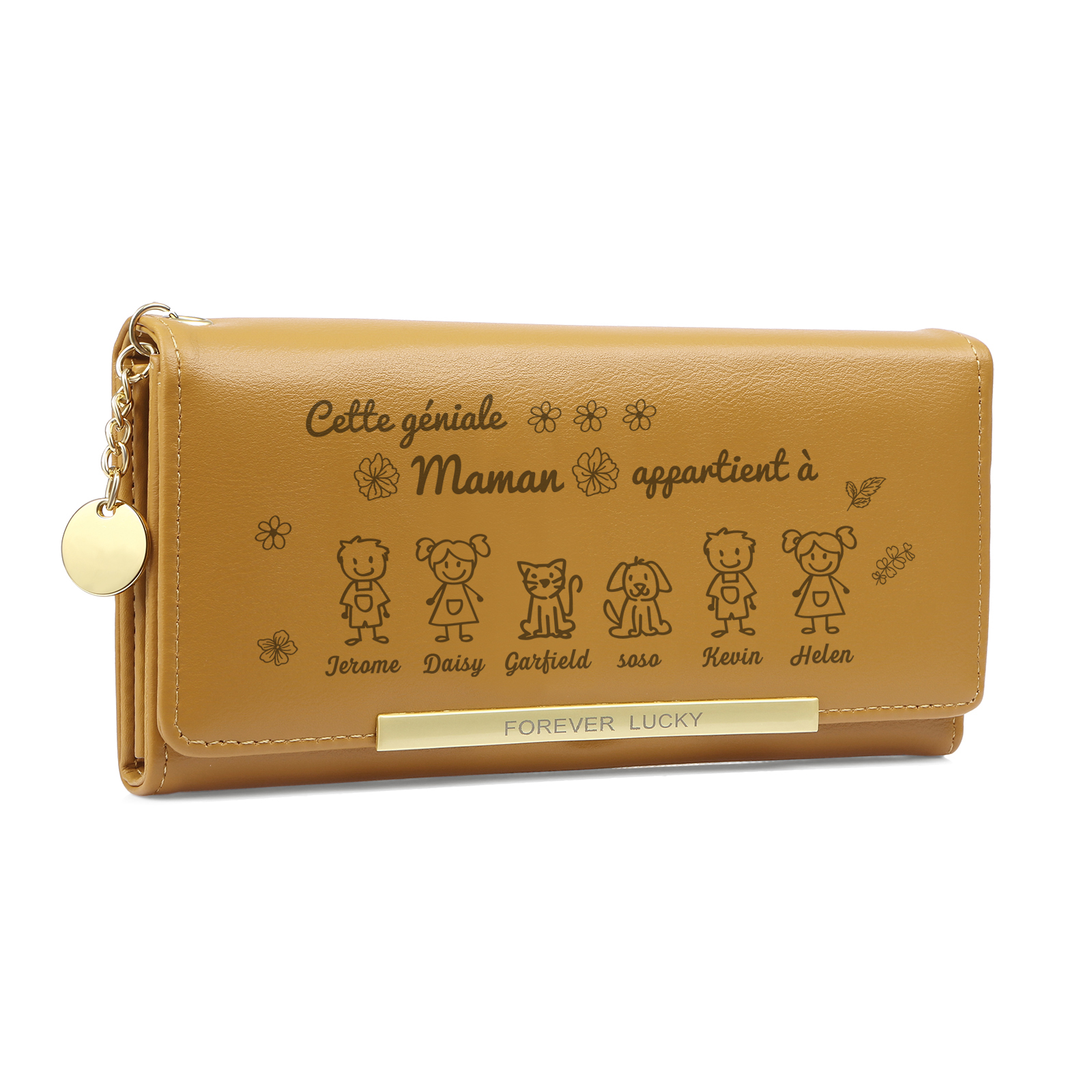 À Maman -Portefeuille Personnalisé long en cuir PU avec 6 Dessins Enfant et 6 Prénoms Porte-monnaie pour Maman | Jessemade