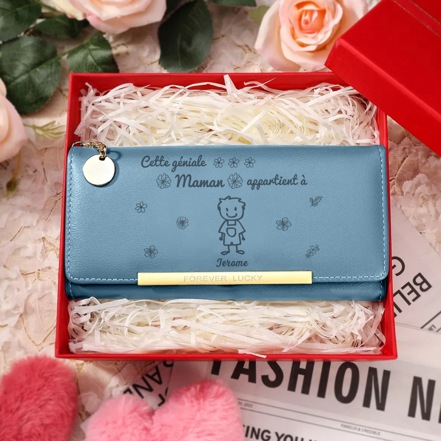 À Maman -Portefeuille Personnalisé long en cuir PU avec 1 Dessin Enfant et 1 Prénom Porte-monnaie pour Maman | Jessemade