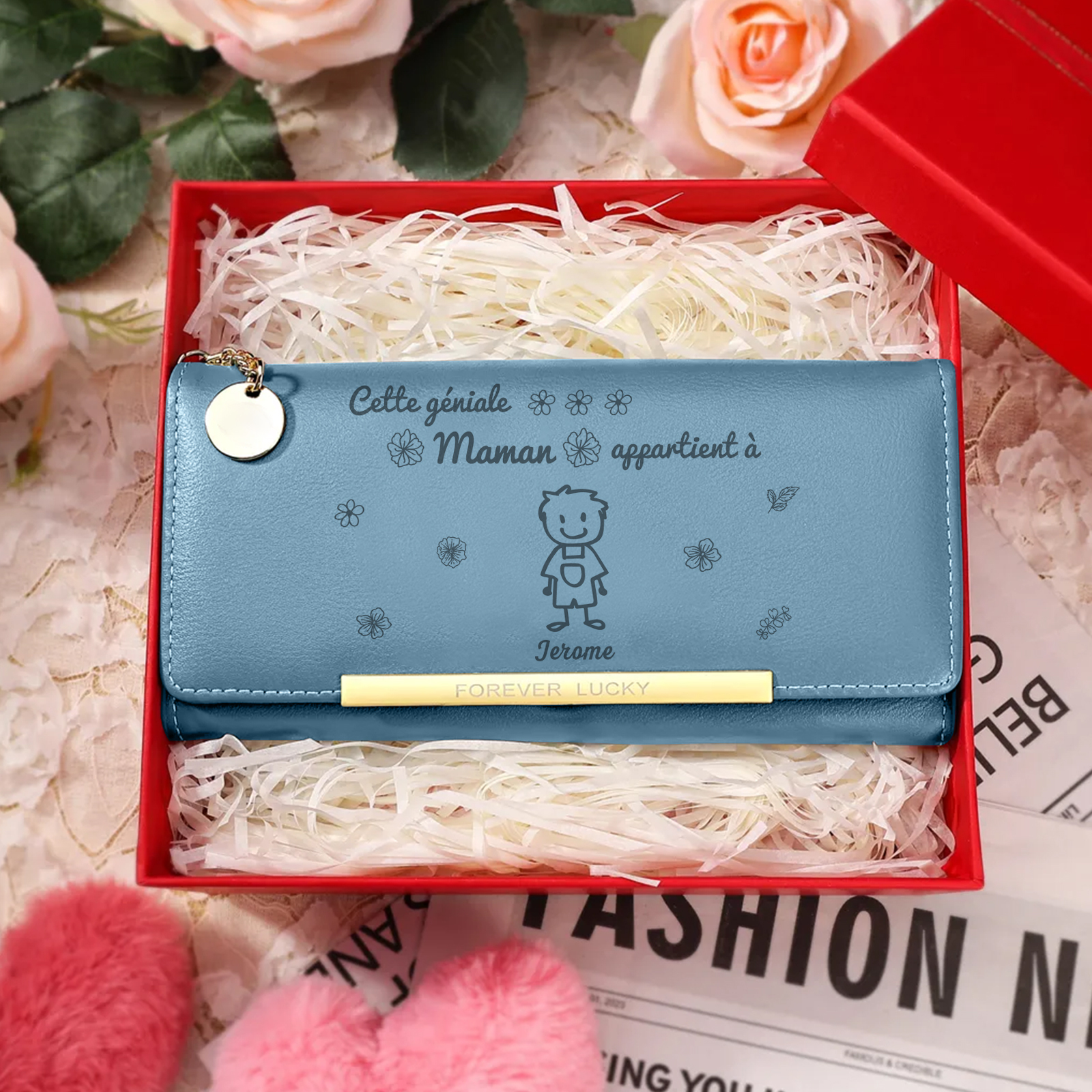 À Maman -Portefeuille Personnalisé long en cuir PU avec 1 Dessin Enfant et 1 Prénom Porte-monnaie pour Maman | Jessemade